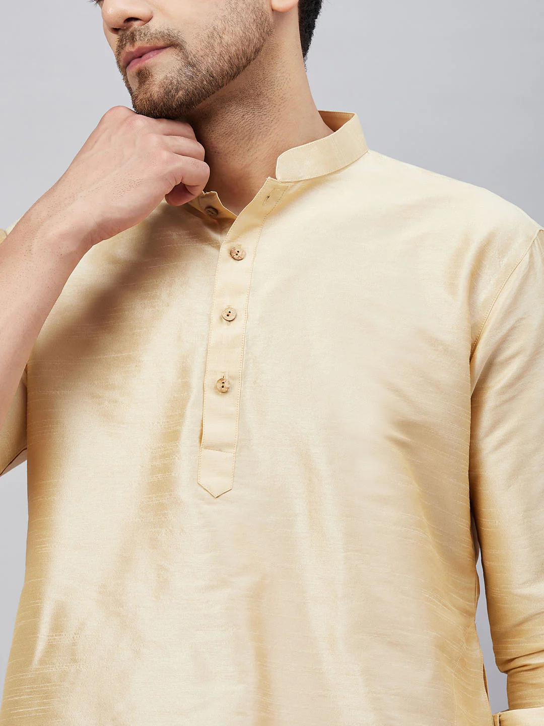 Men's Gold Silk Blend Curved Kurta - Image 4