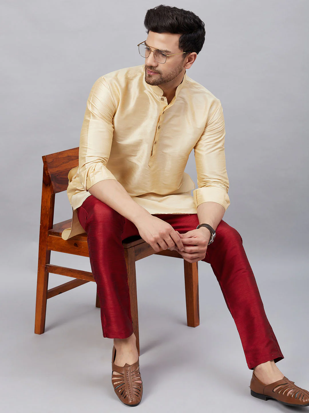Men's Gold Silk Blend Curved Kurta - Image 5