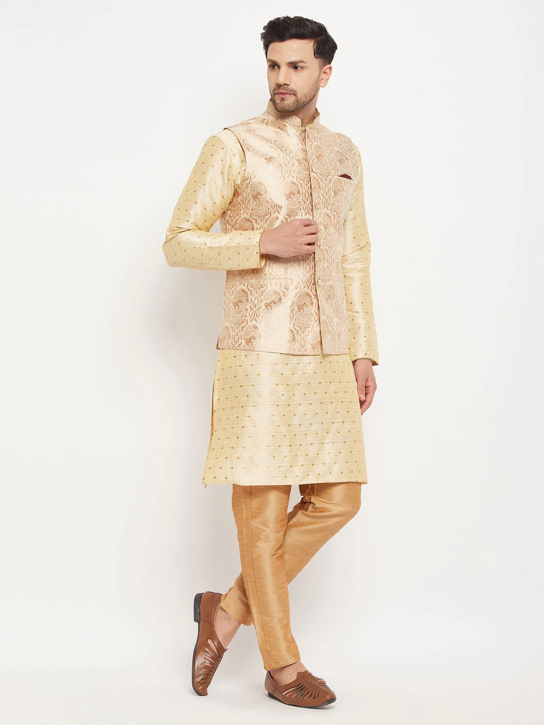 Men's Rose Gold Jacquard Nehru Jacket - Image 5
