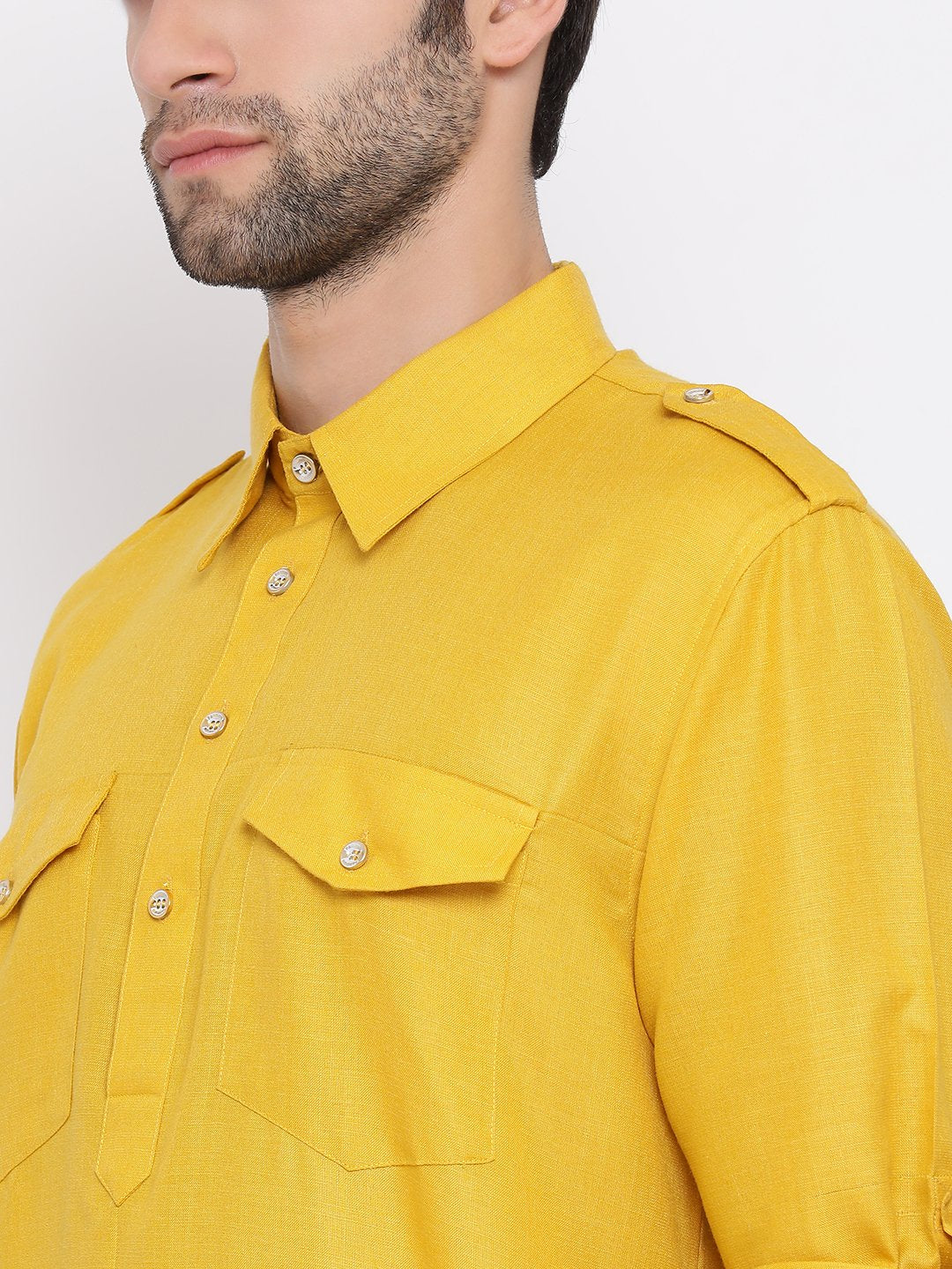 Men's Mustard Cotton Blend Pathani Style Kurta - Image 3