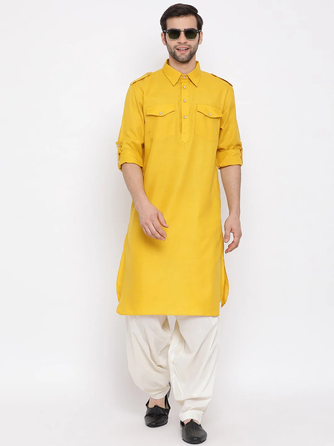 Men's Mustard Cotton Blend Pathani Style Kurta - Image 5