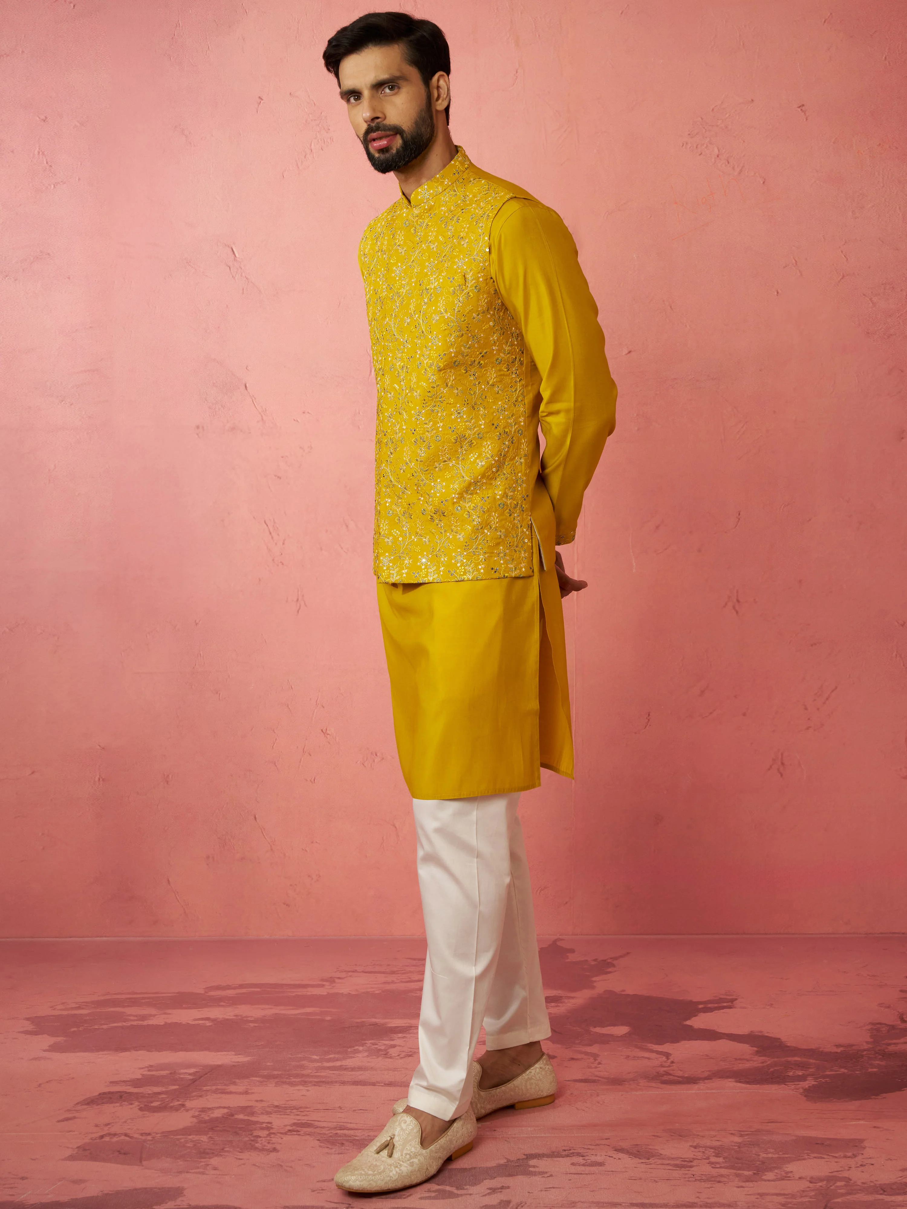 Men's Mustard Nehru Jacket Kurta Set with Pyjama - Image 3