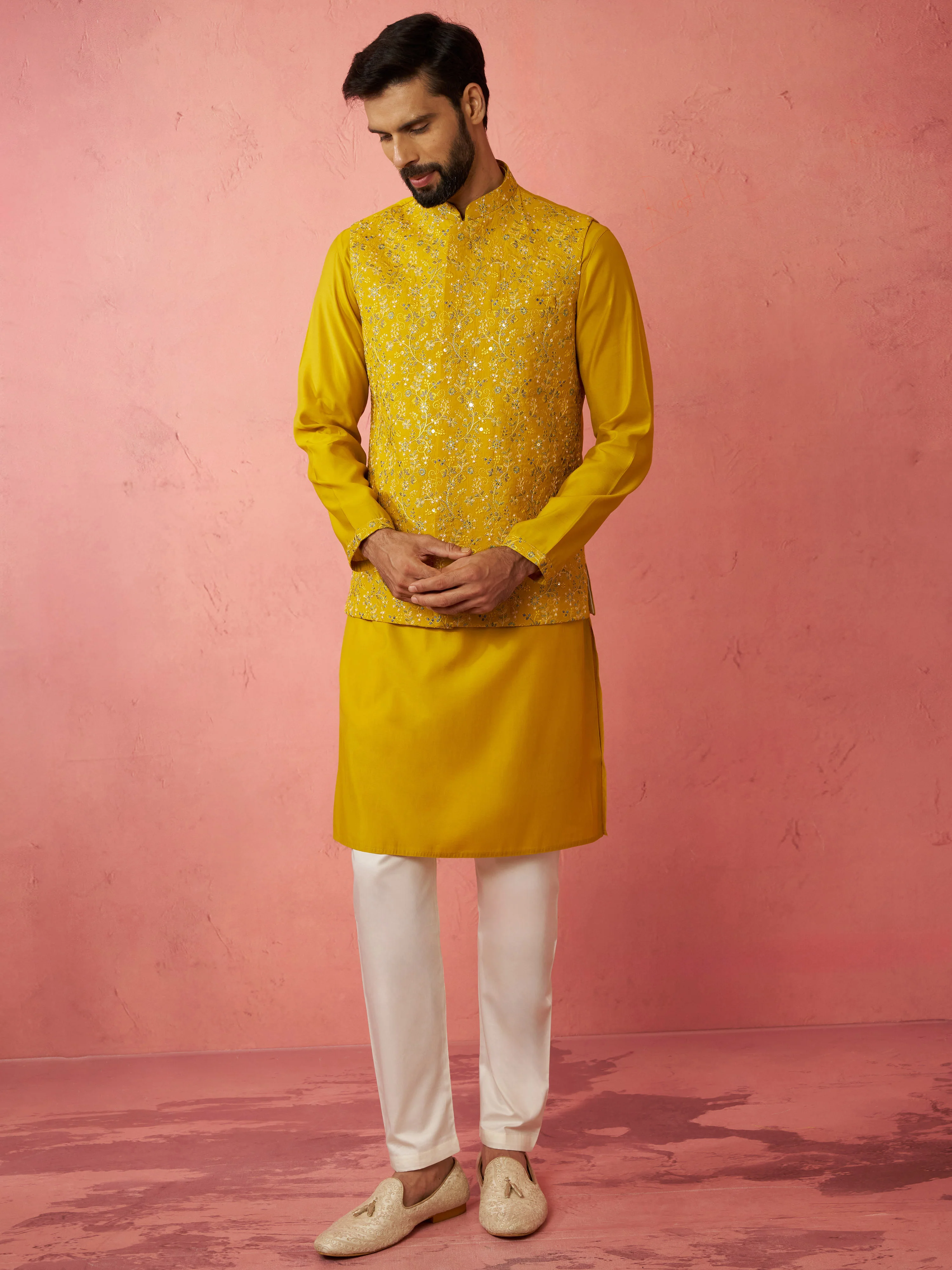 Men's Mustard Nehru Jacket Kurta Set with Pyjama - Image 4