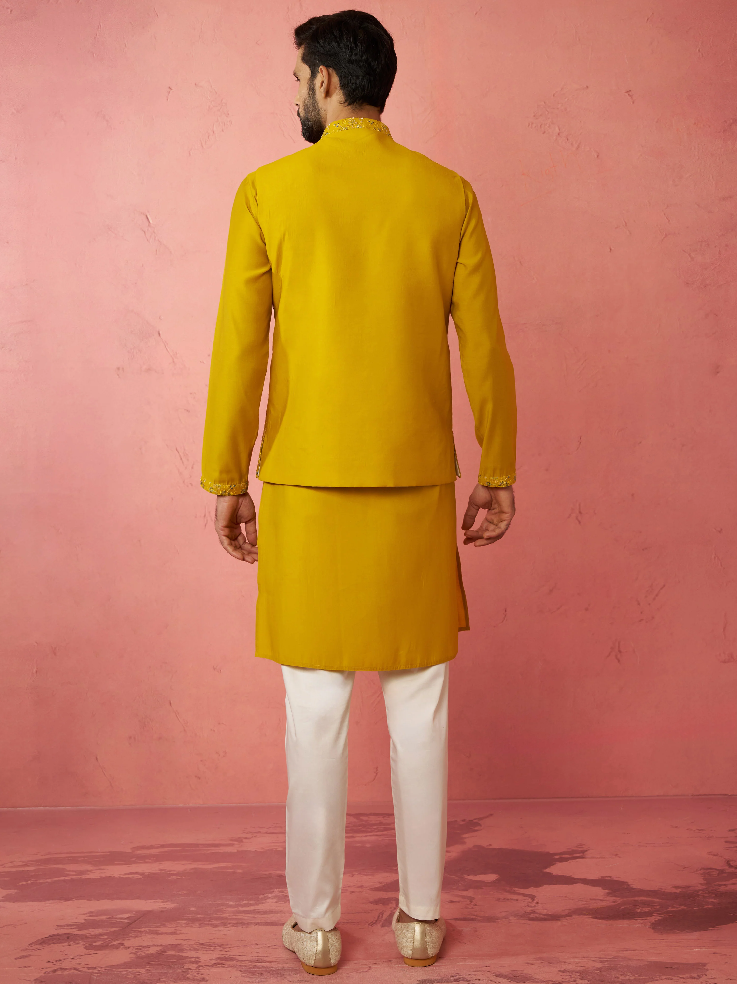 Men's Mustard Nehru Jacket Kurta Set with Pyjama - Image 5
