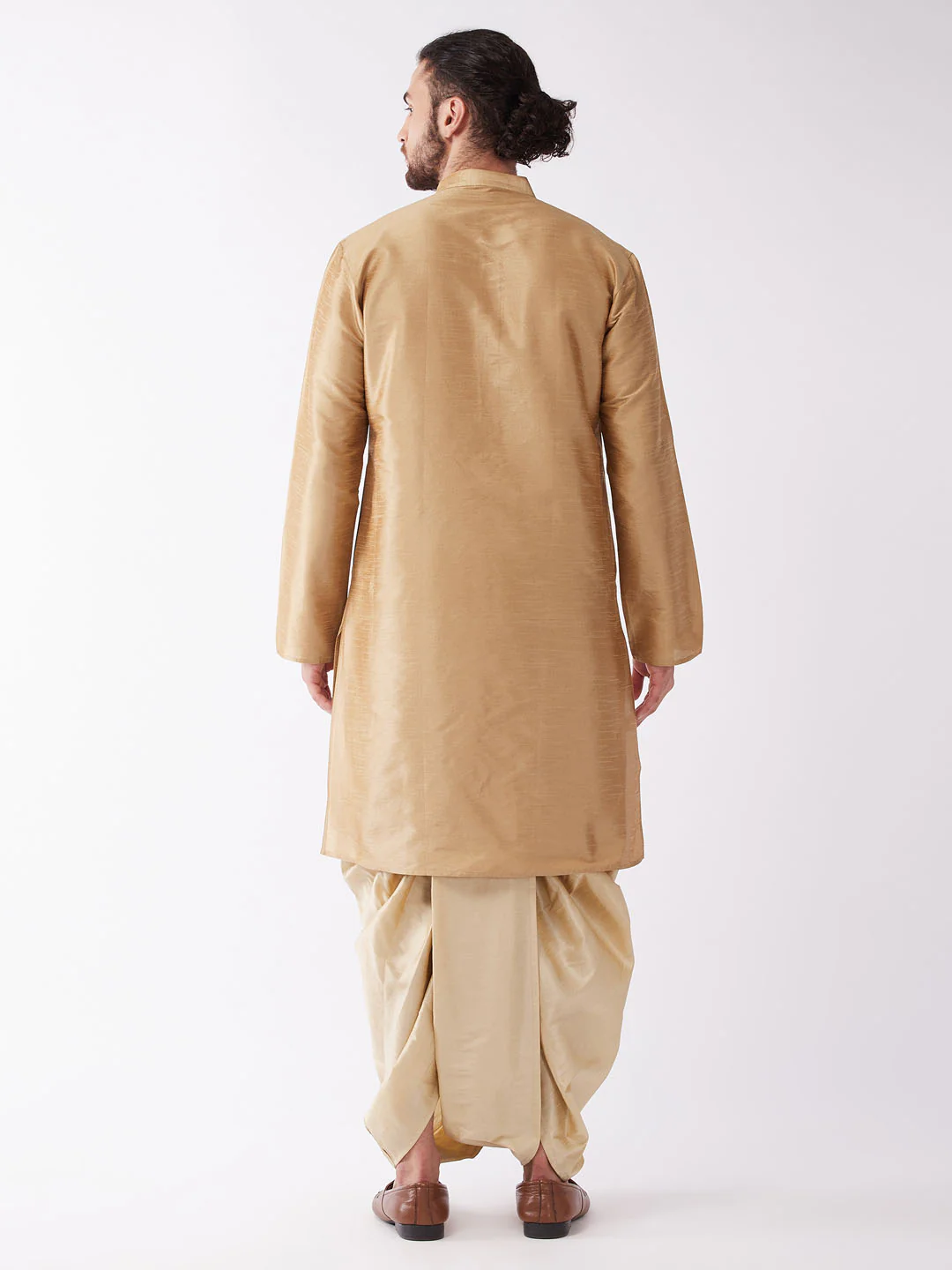 Men's Rose Gold And Gold Silk Blend Kurta And Dhoti Set - Image 3