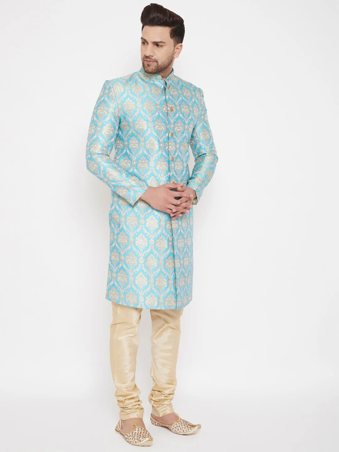 Men's Sea Green And Gold Brocade Jacquard Sherwani Set - Image 3