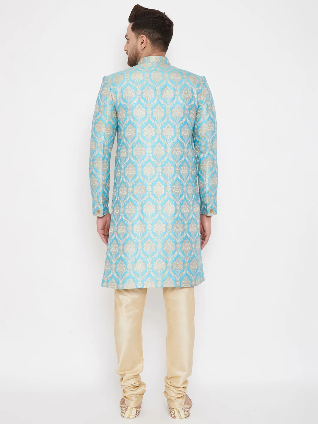 Men's Sea Green And Gold Brocade Jacquard Sherwani Set - Image 4
