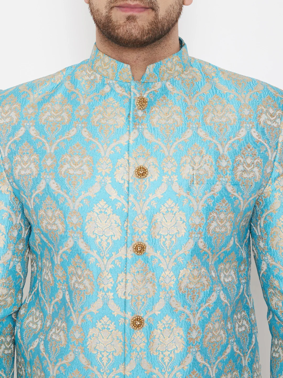 Men's Sea Green And Gold Brocade Jacquard Sherwani Set - Image 5
