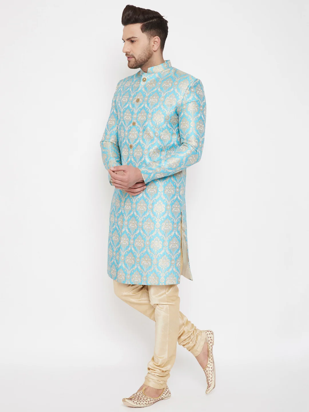 Men's Sea Green And Gold Brocade Jacquard Sherwani Set - Image 7