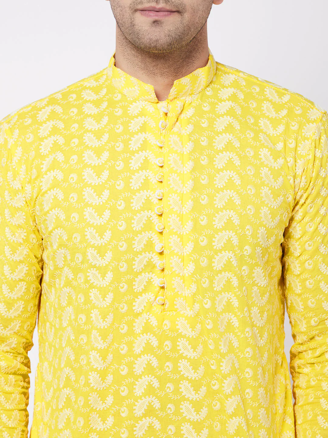 Men's Mustard Pure Cotton Chikankari Kurta - Image 4