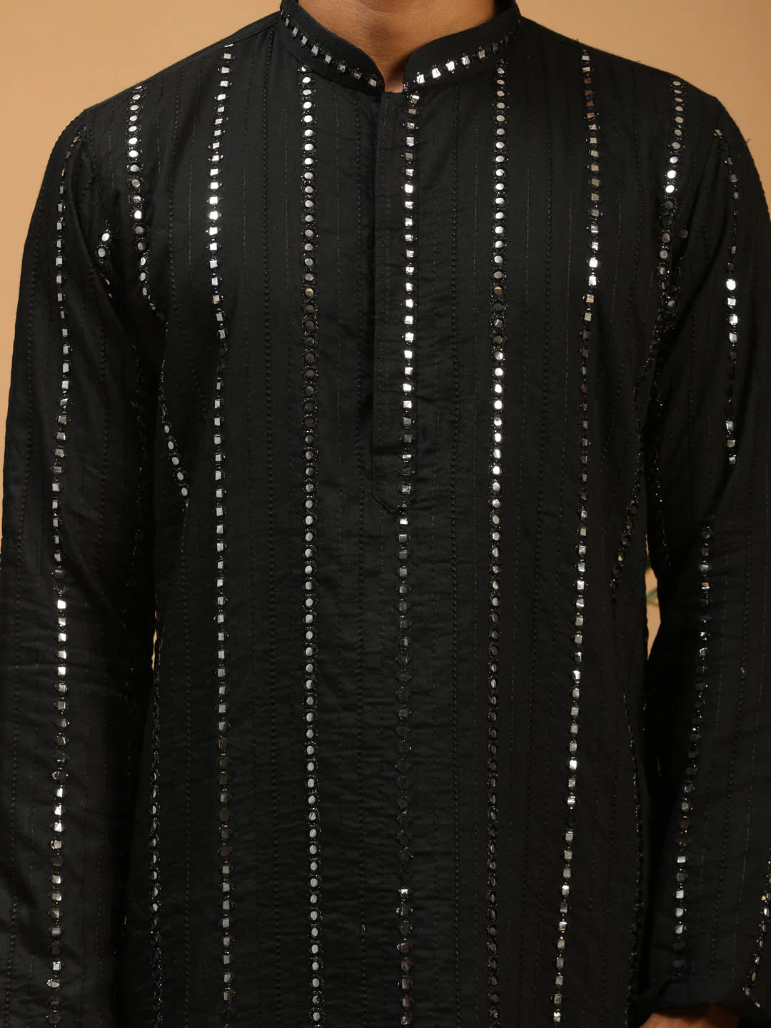 Men's Black Mirror Kurta With Patiala Set - Image 4