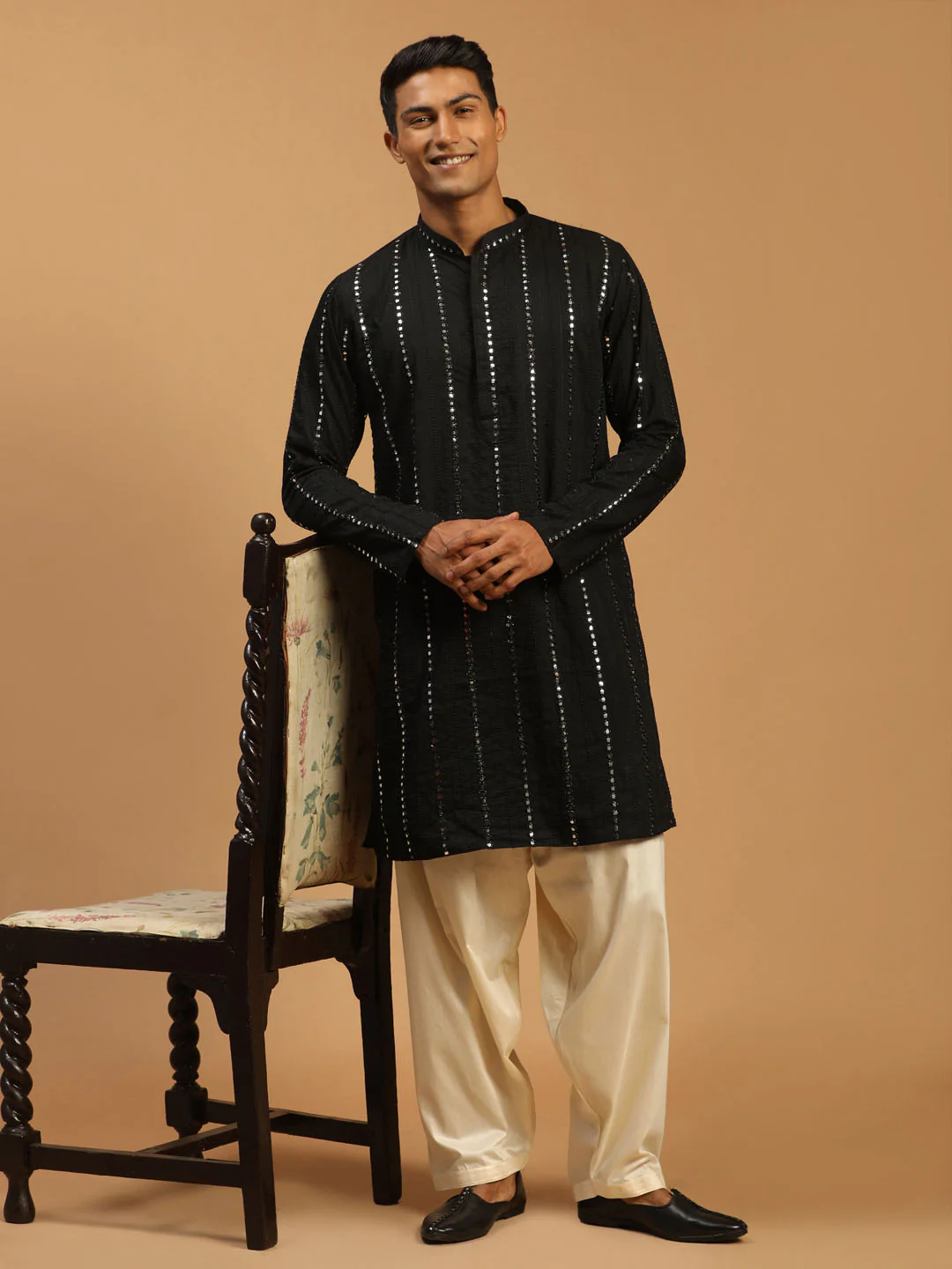 Men's Black Mirror Kurta With Patiala Set - Image 6