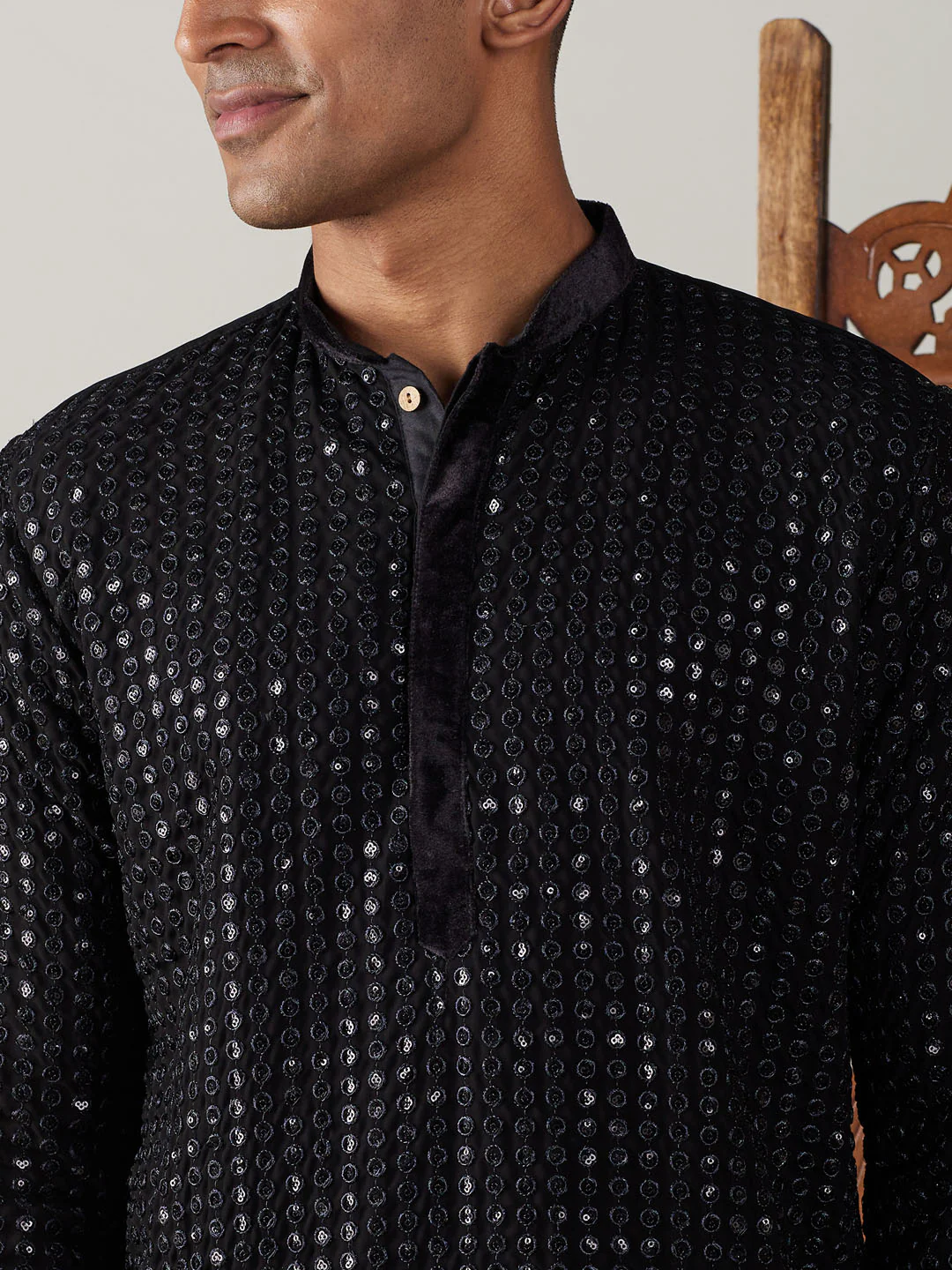 Men's Black Mirror Georgette Kurta Dhoti Set - Image 4