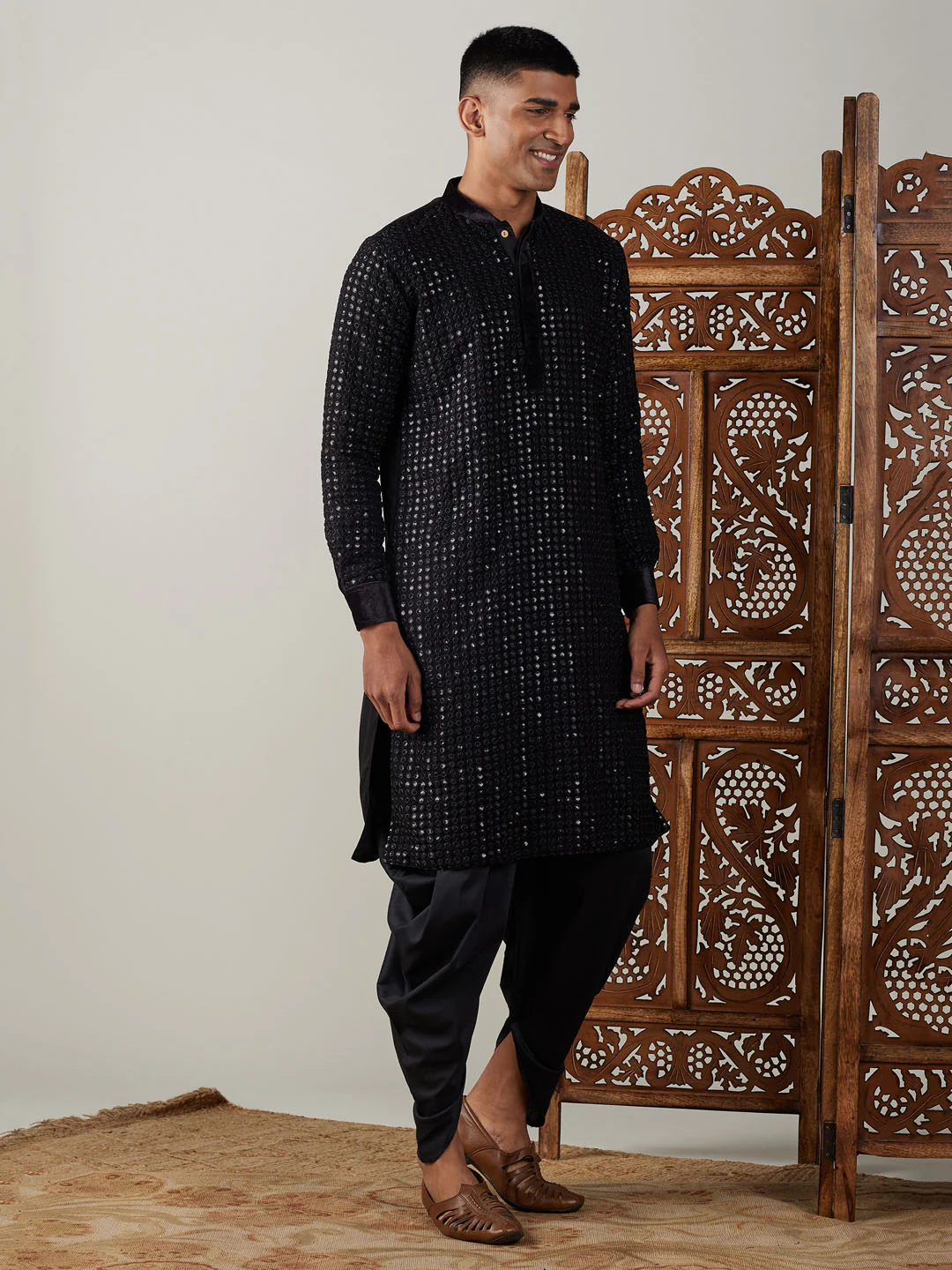 Men's Black Mirror Georgette Kurta Dhoti Set - Image 7