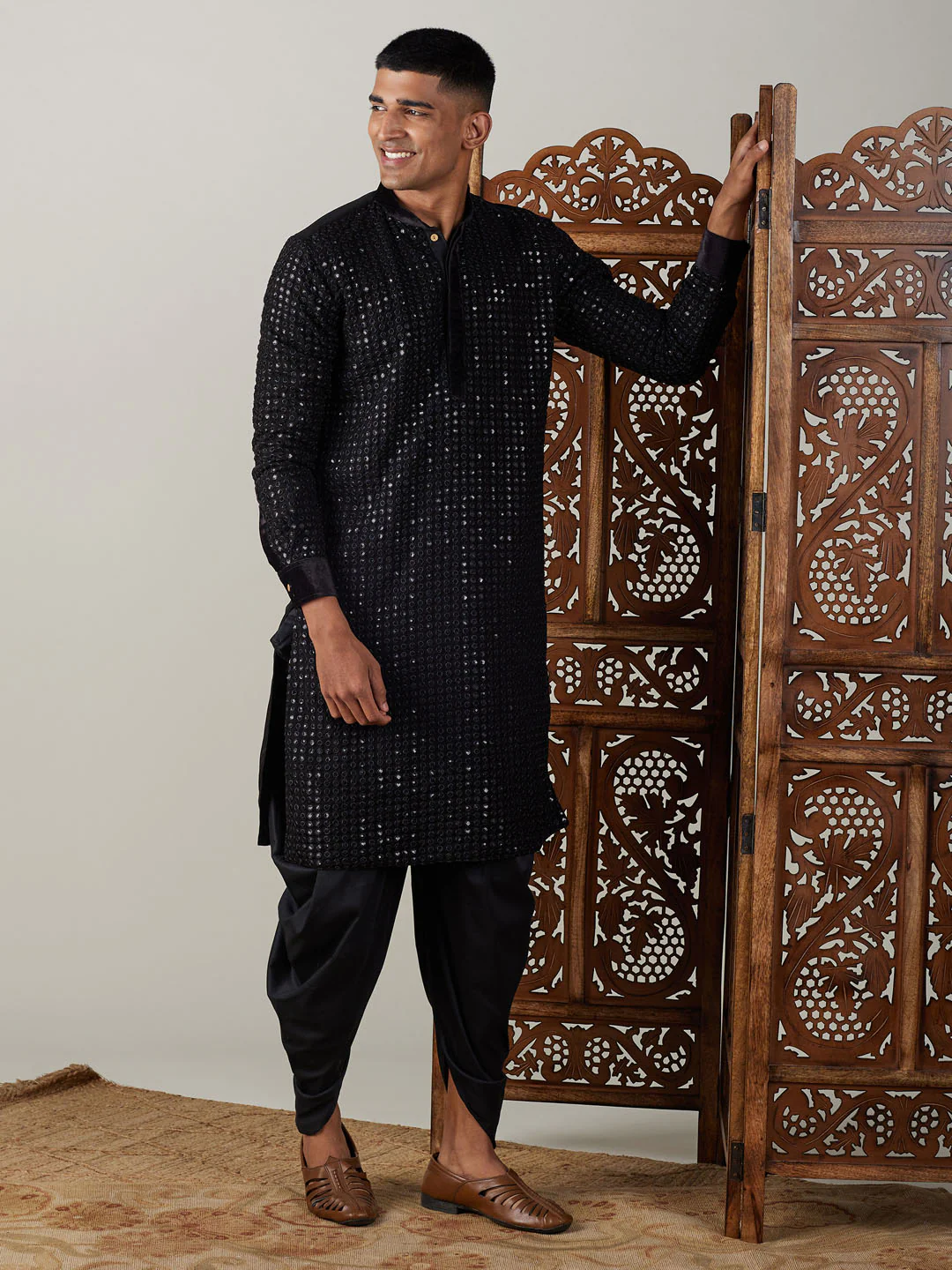 Men's Black Mirror Georgette Kurta Dhoti Set - Image 8