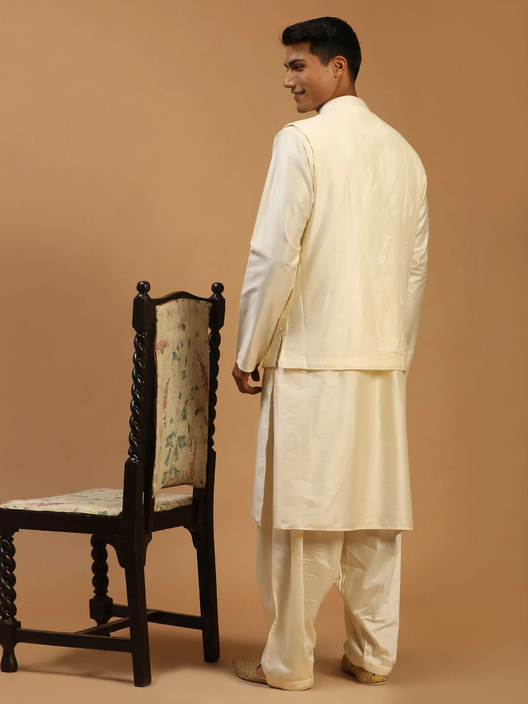 Men's Cream Mirror Jacket With Kurta Patiala Set - Image 3