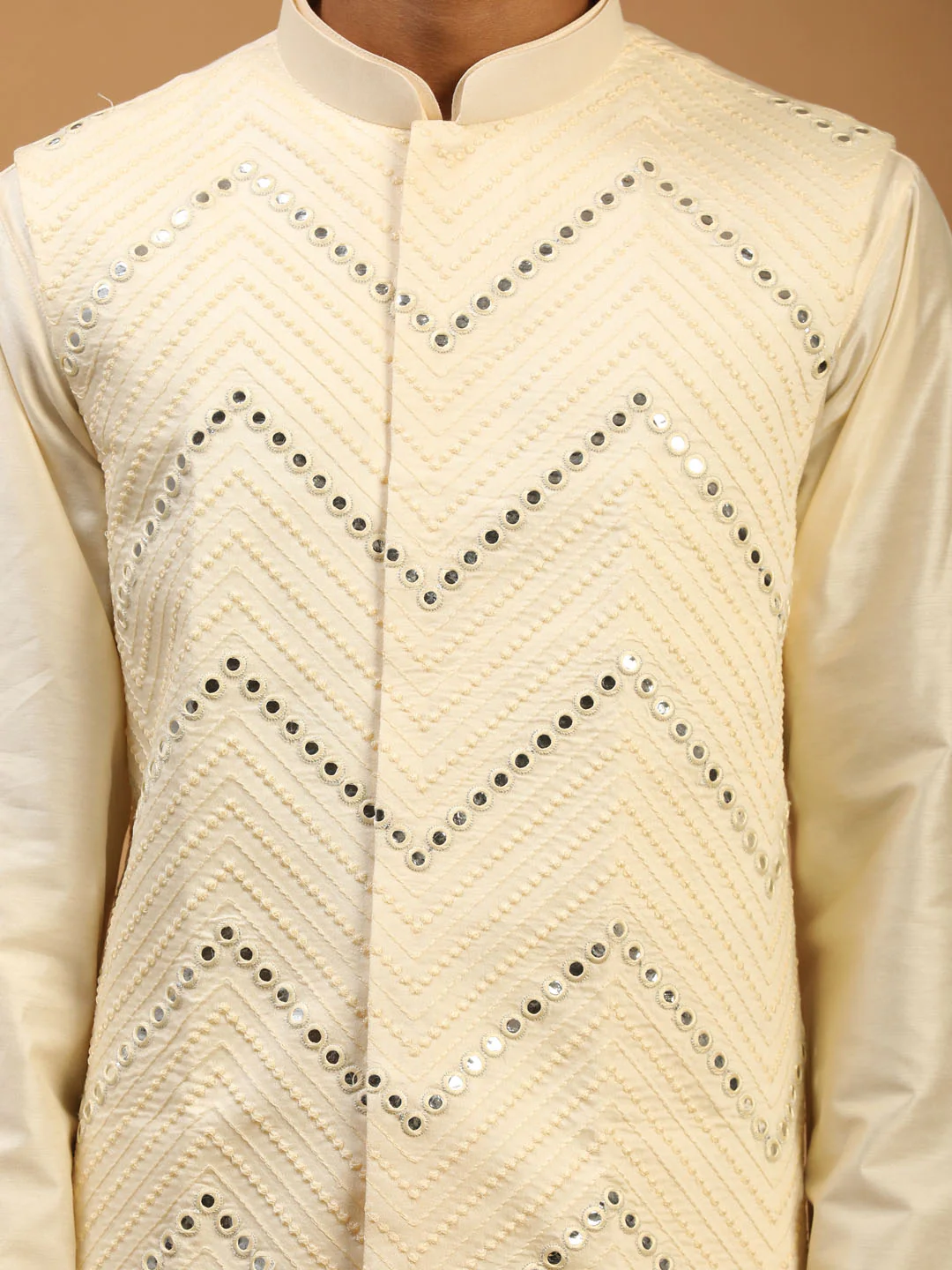 Men's Cream Mirror Jacket With Kurta Patiala Set - Image 4