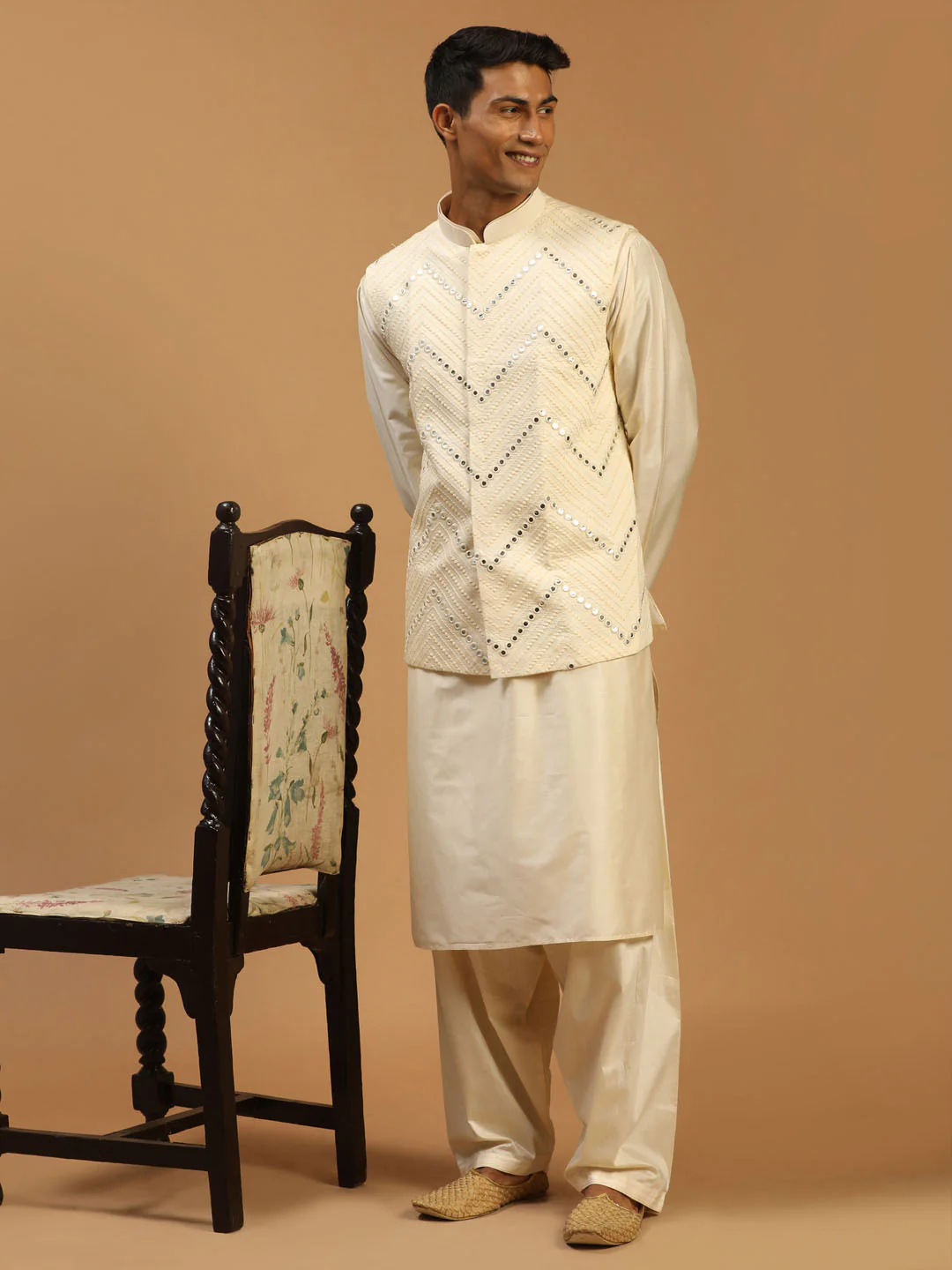 Men's Cream Mirror Jacket With Kurta Patiala Set - Image 6