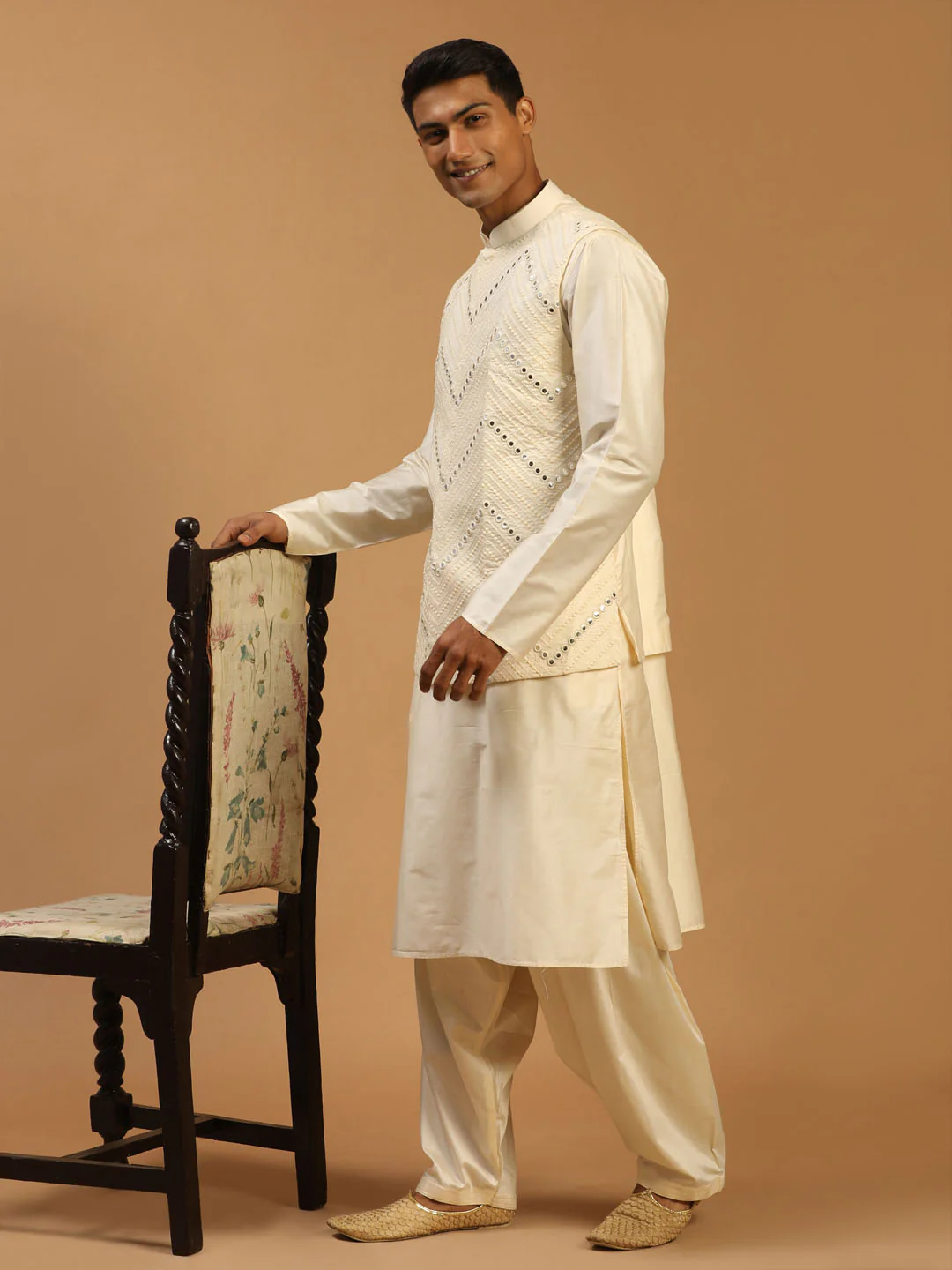 Men's Cream Mirror Jacket With Kurta Patiala Set - Image 7