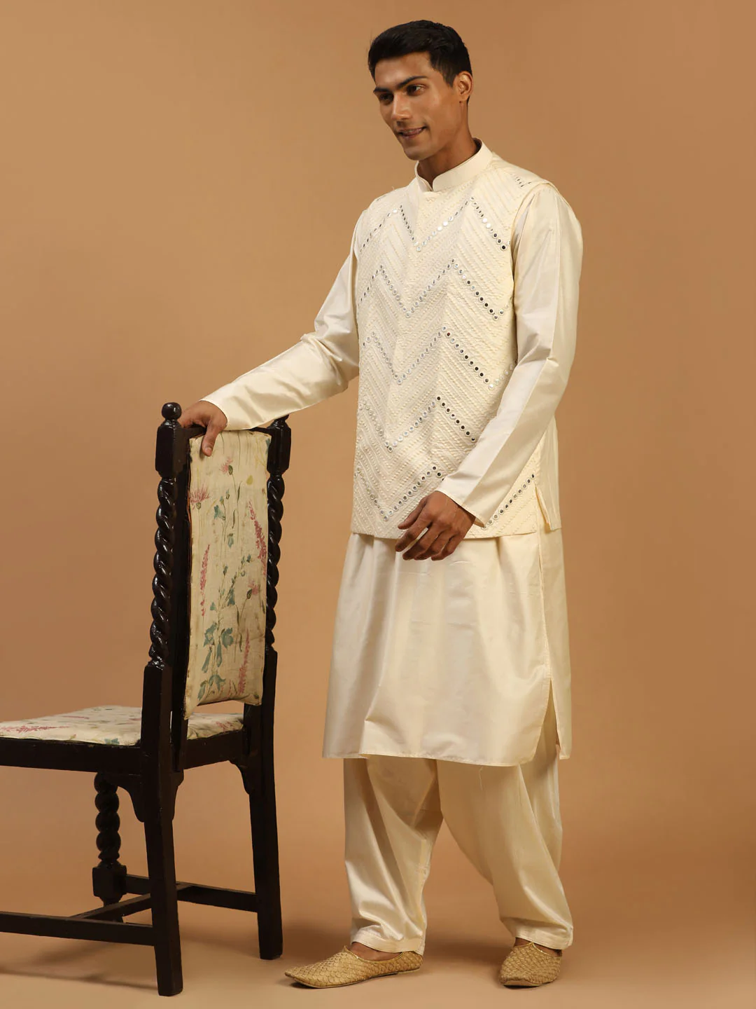 Men's Cream Mirror Jacket With Kurta Patiala Set - Image 8