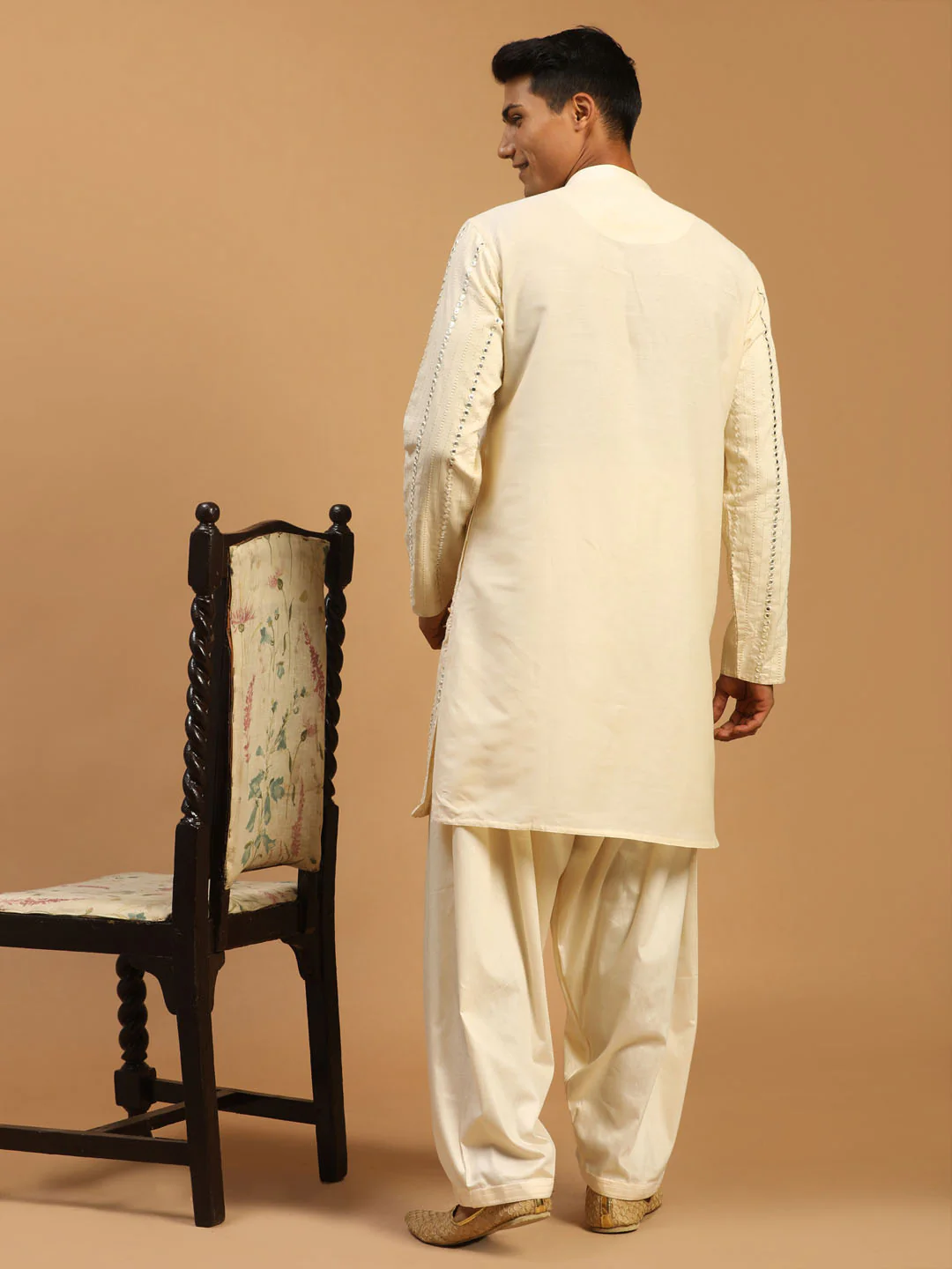 Men's Cream Mirror Kurta With Patiala Set - Image 3