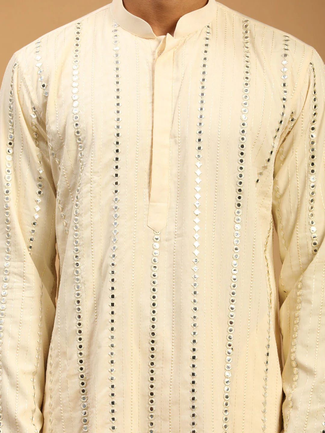 Men's Cream Mirror Kurta With Patiala Set - Image 4