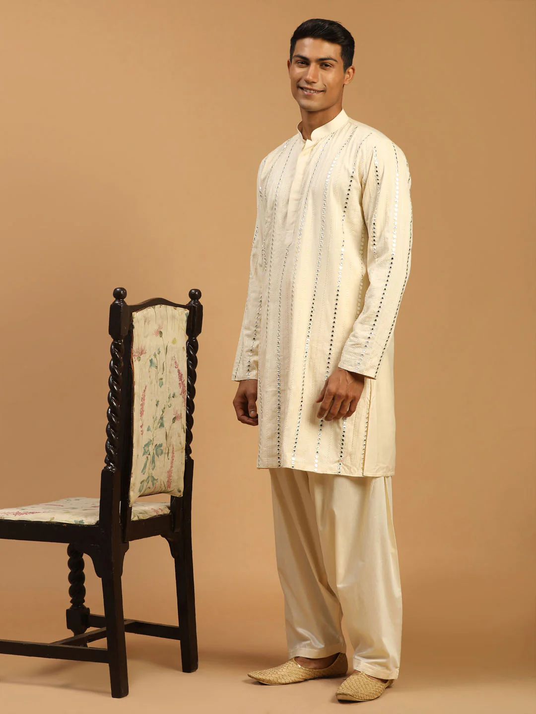 Men's Cream Mirror Kurta With Patiala Set - Image 6