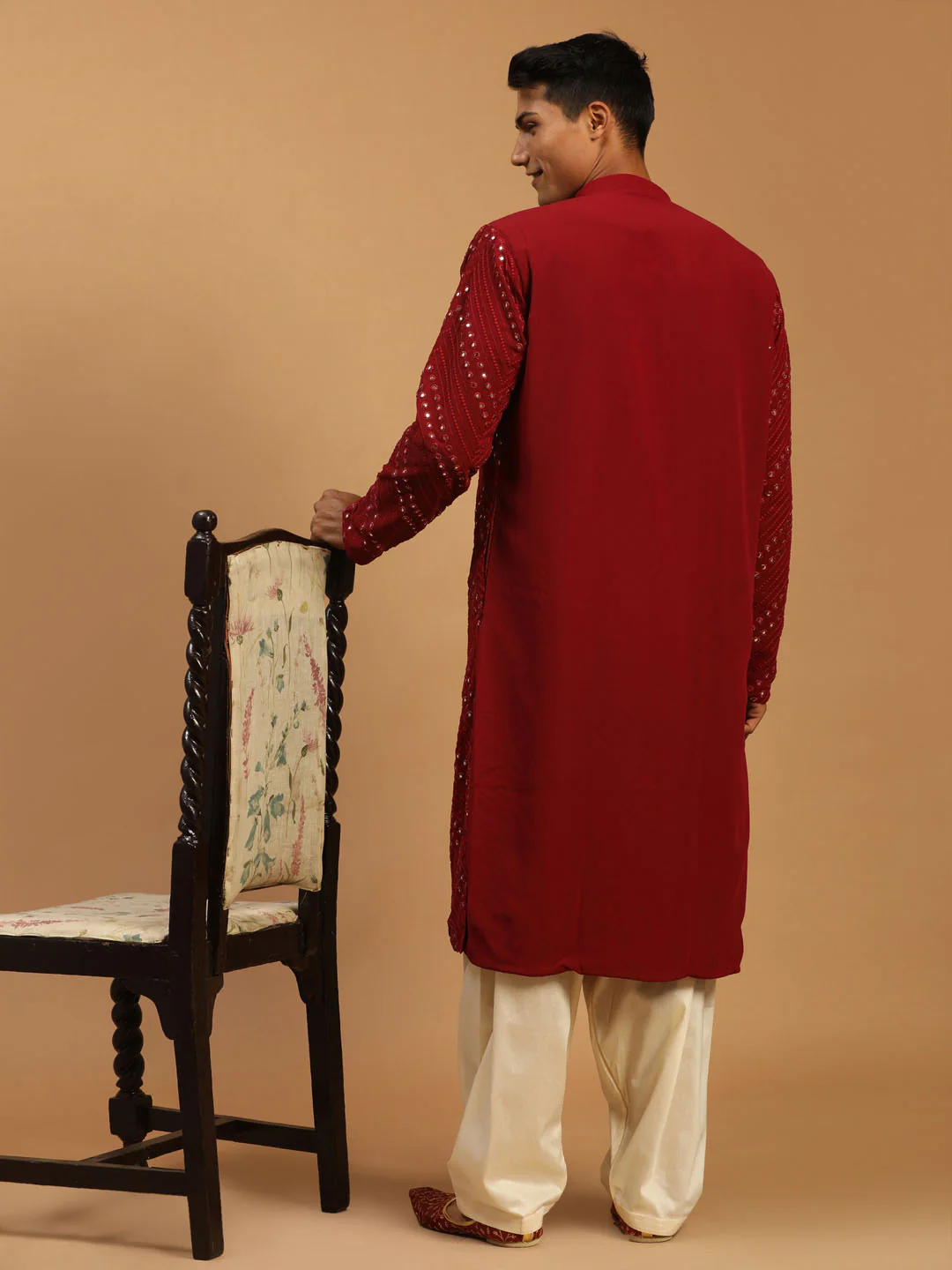 Men's Maroon Mirror Kurta With Patiala Set - Image 3