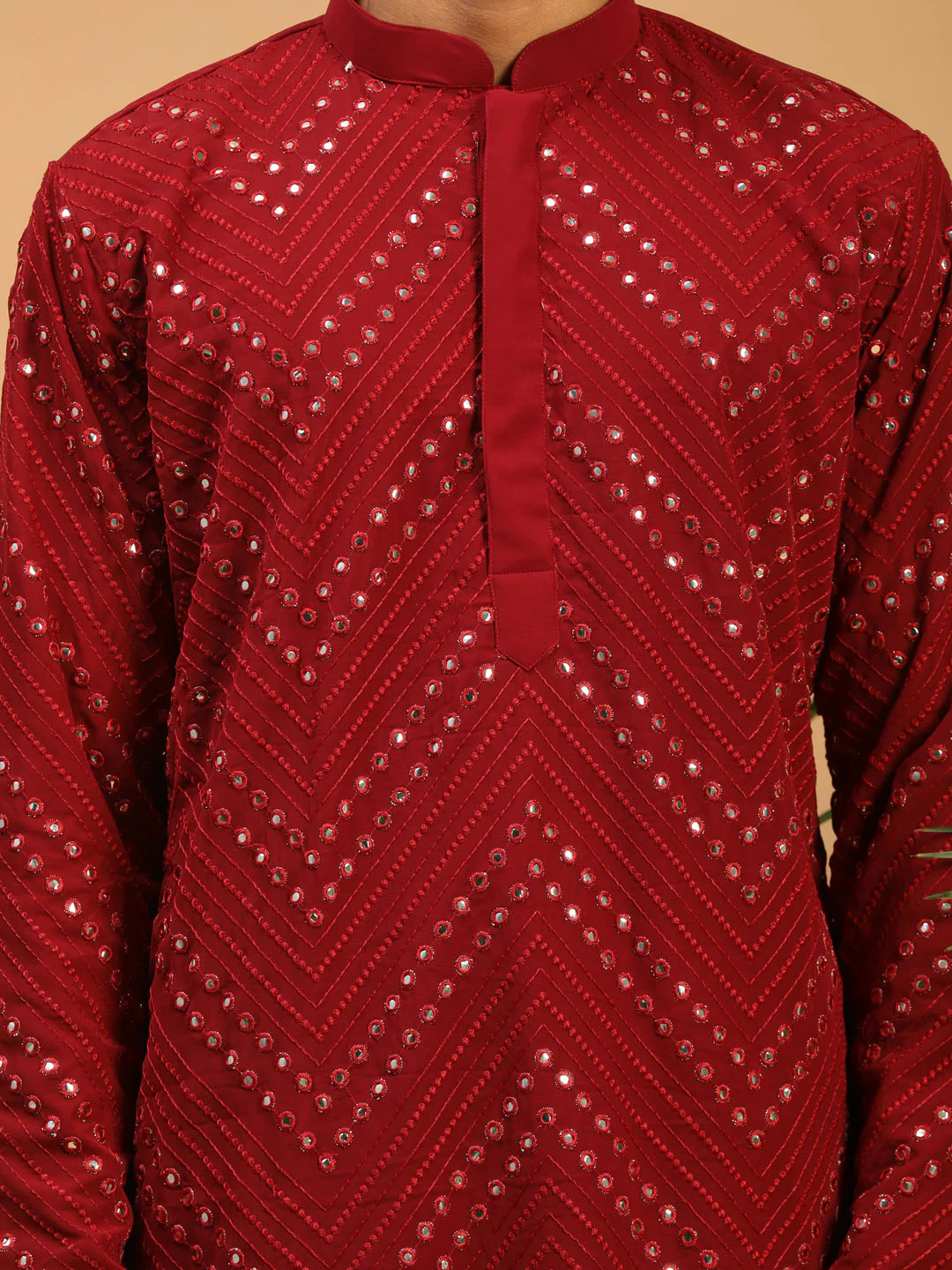 Men's Maroon Mirror Kurta With Patiala Set - Image 4