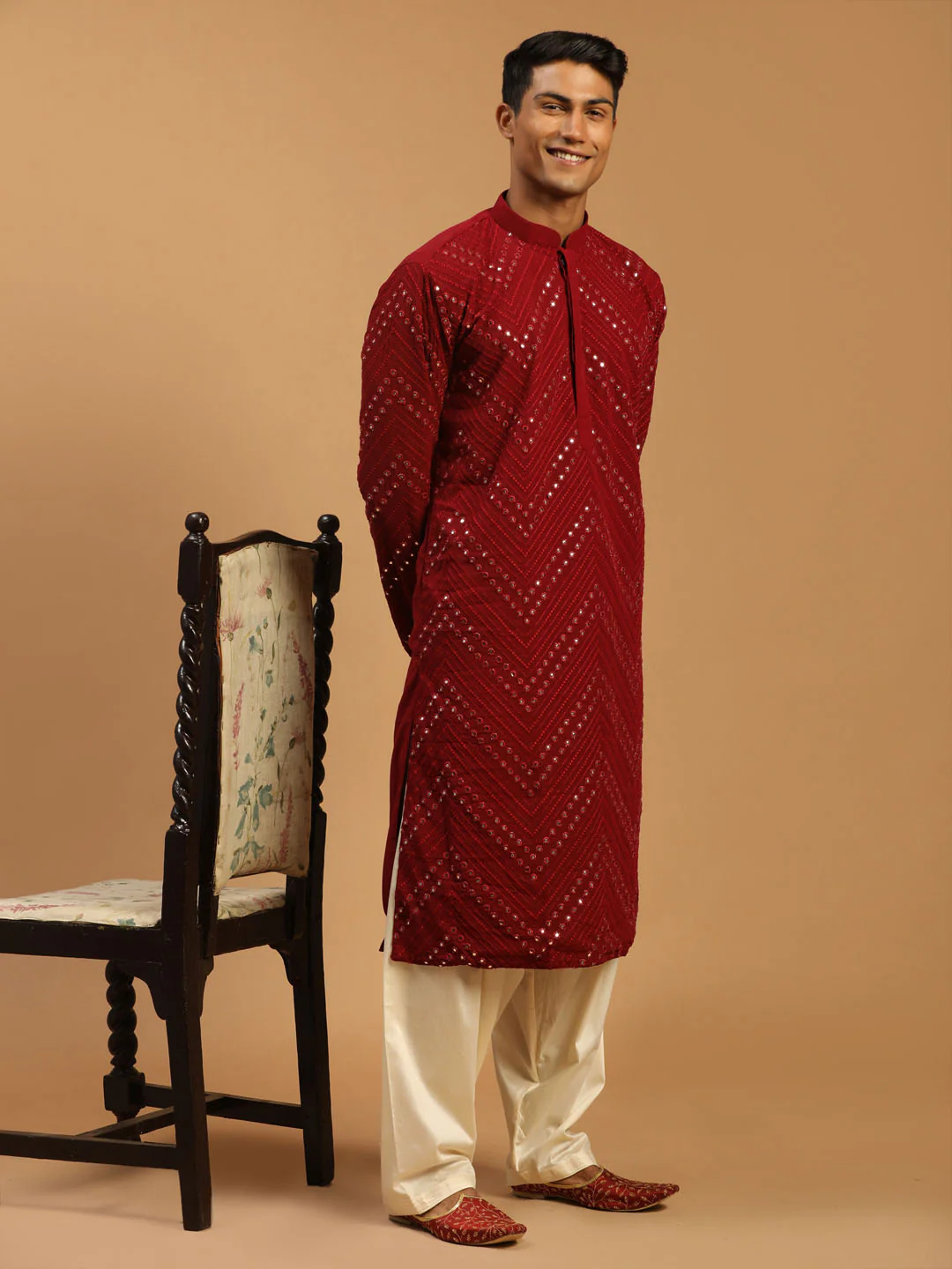 Men's Maroon Mirror Kurta With Patiala Set - Image 6