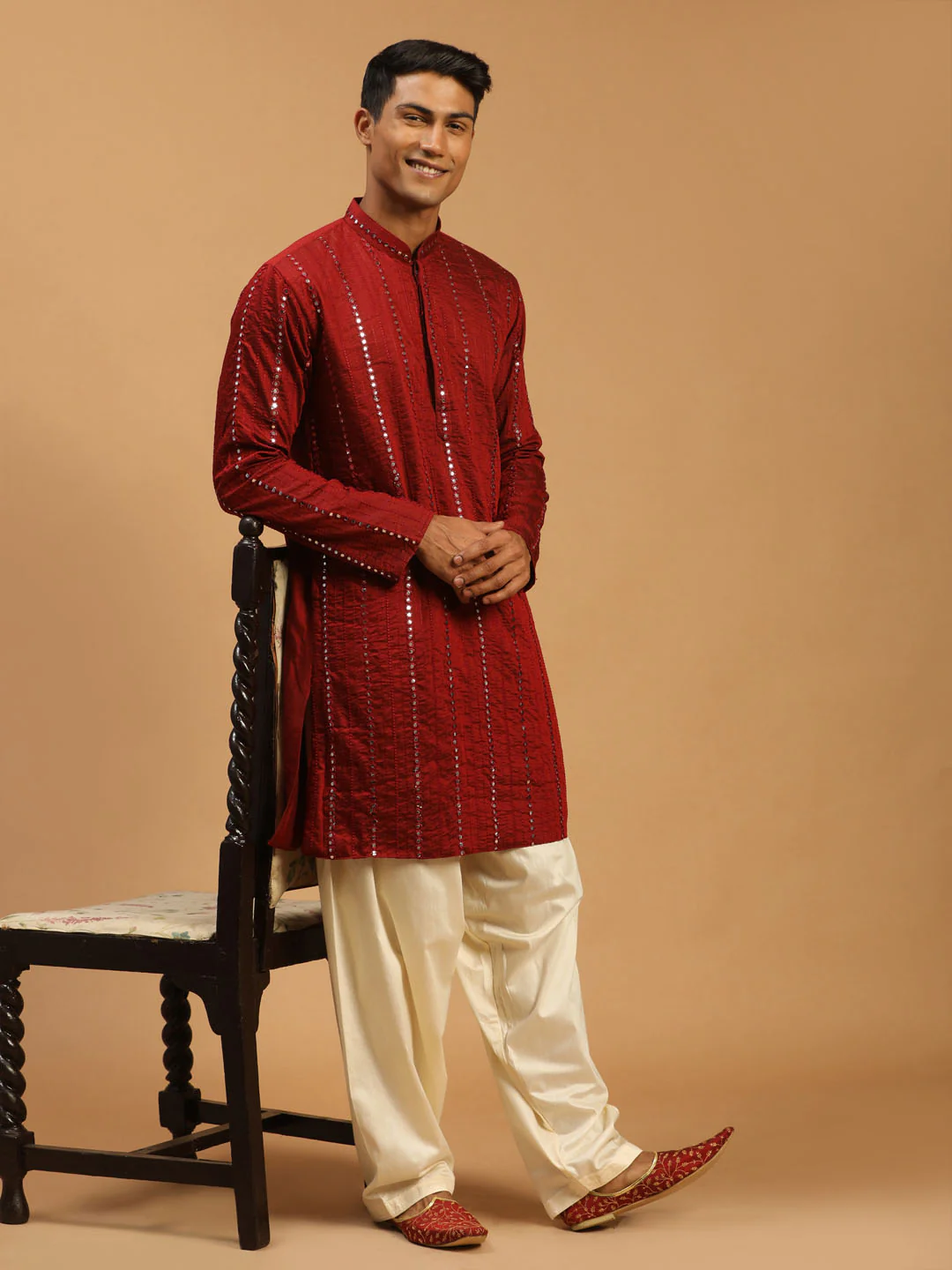 Men's Maroon Mirror Kurta With Patiala Set - Image 6