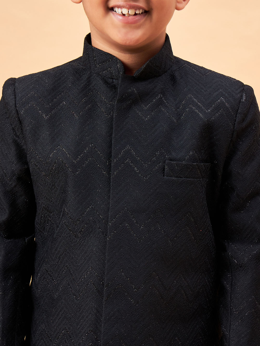 Boy's Black Glitter Indo Western Sherwani Set - Image 4