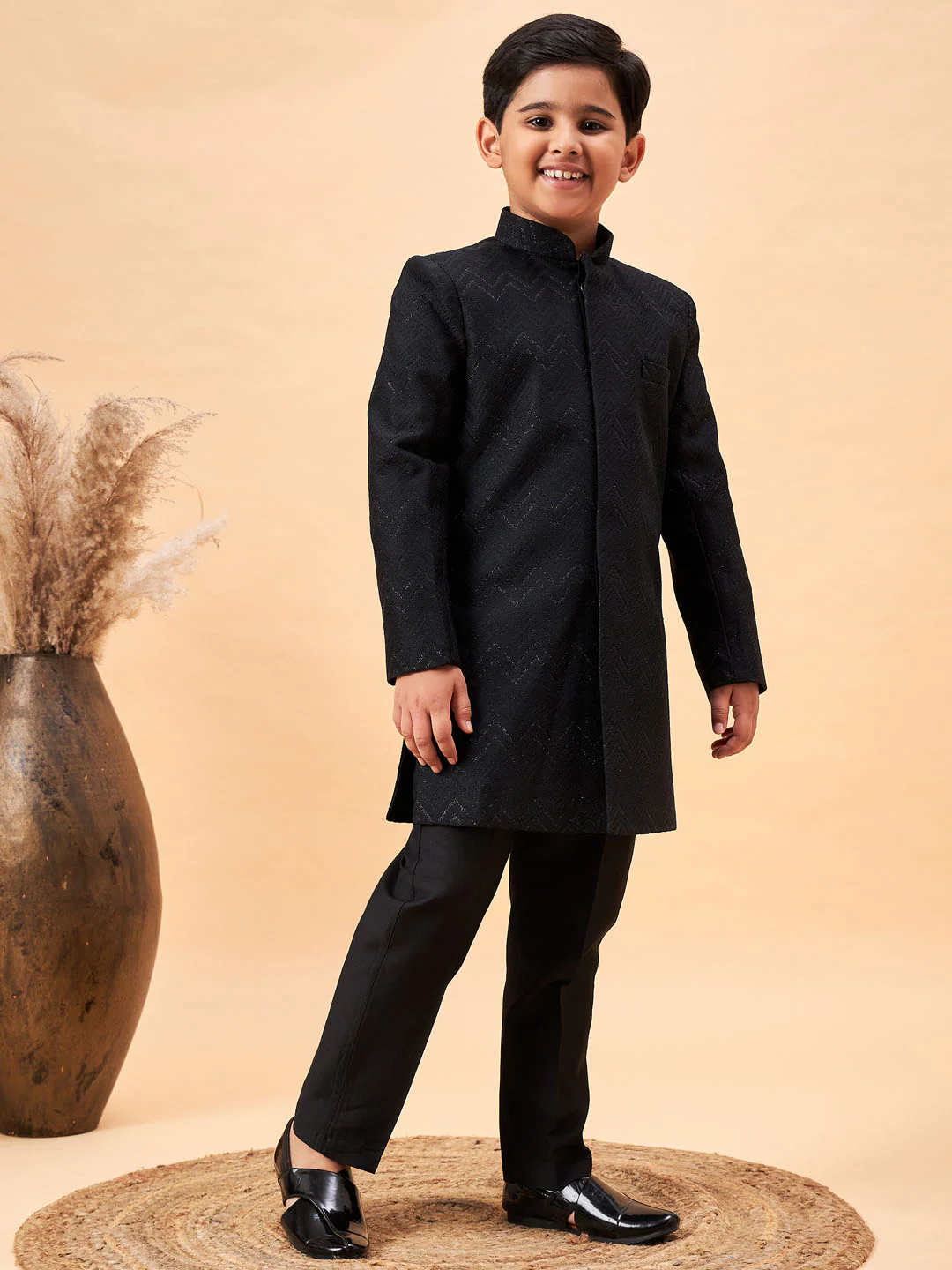 Boy's Black Glitter Indo Western Sherwani Set - Image 6