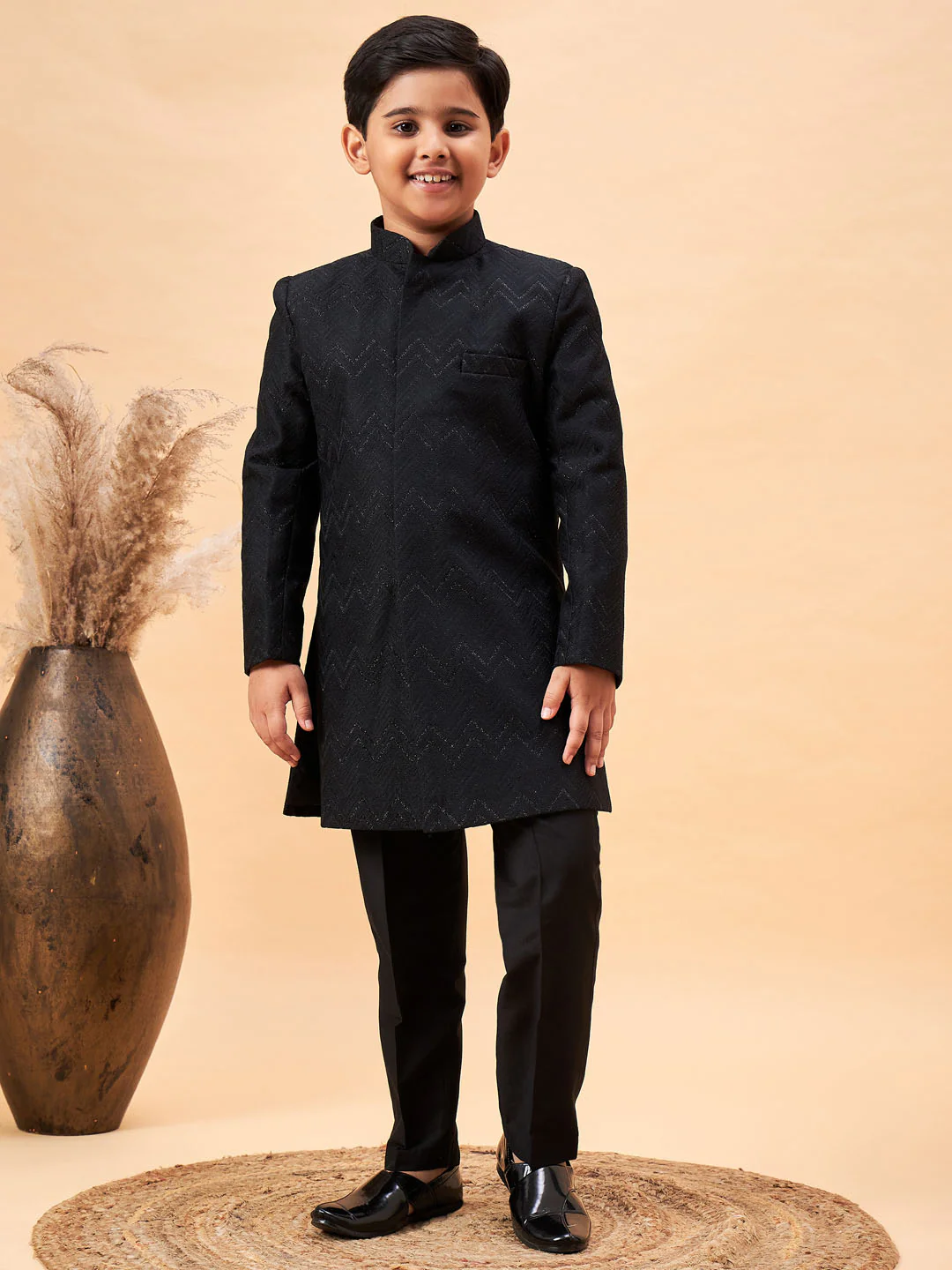 Boy's Black Glitter Indo Western Sherwani Set - Image 7