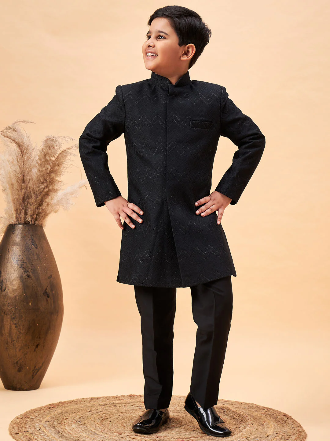 Boy's Black Glitter Indo Western Sherwani Set - Image 8