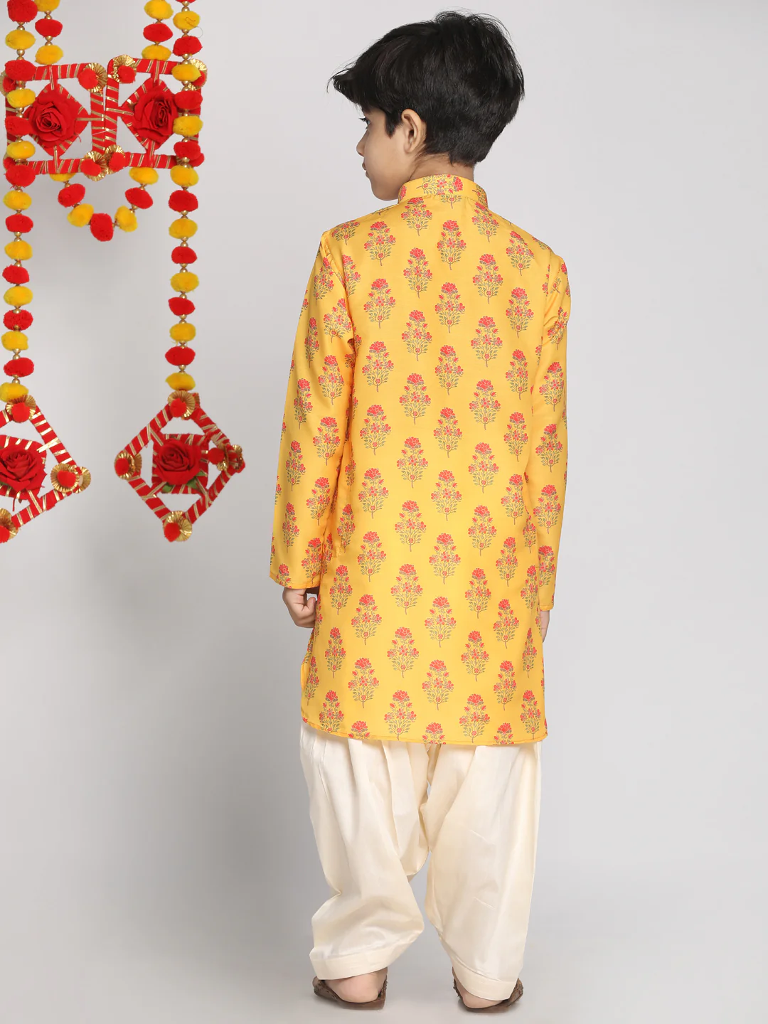 Boy's' Multicolor-Base-Mustard And Cream Kurta Patiala Set - Image 3