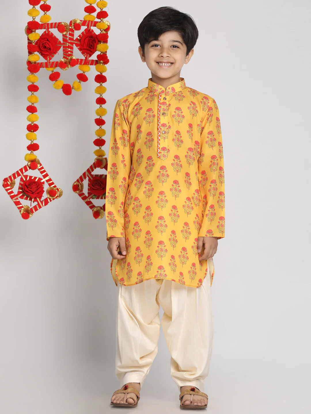 Boy's' Multicolor-Base-Mustard And Cream Kurta Patiala Set - Image 7