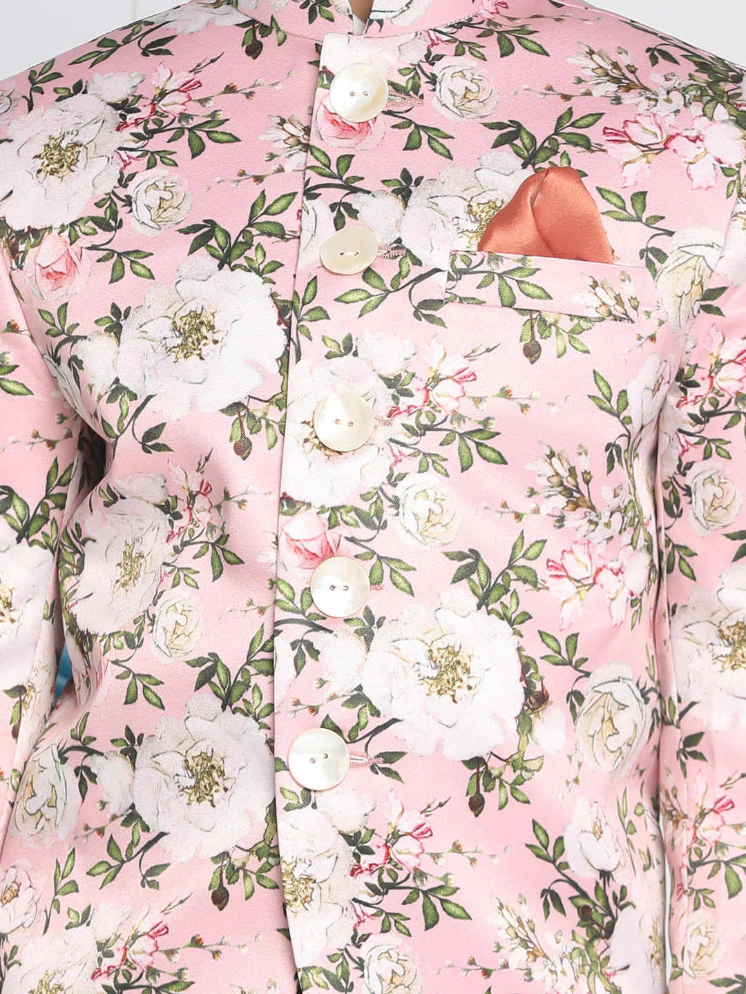 Floral Printed Pink Bandhgala Prince Coat Jodhpuri - Image 4