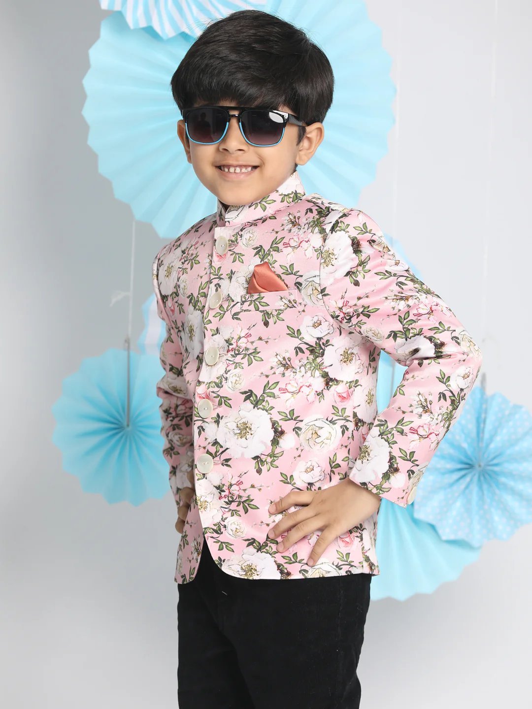 Floral Printed Pink Bandhgala Prince Coat Jodhpuri - Image 5