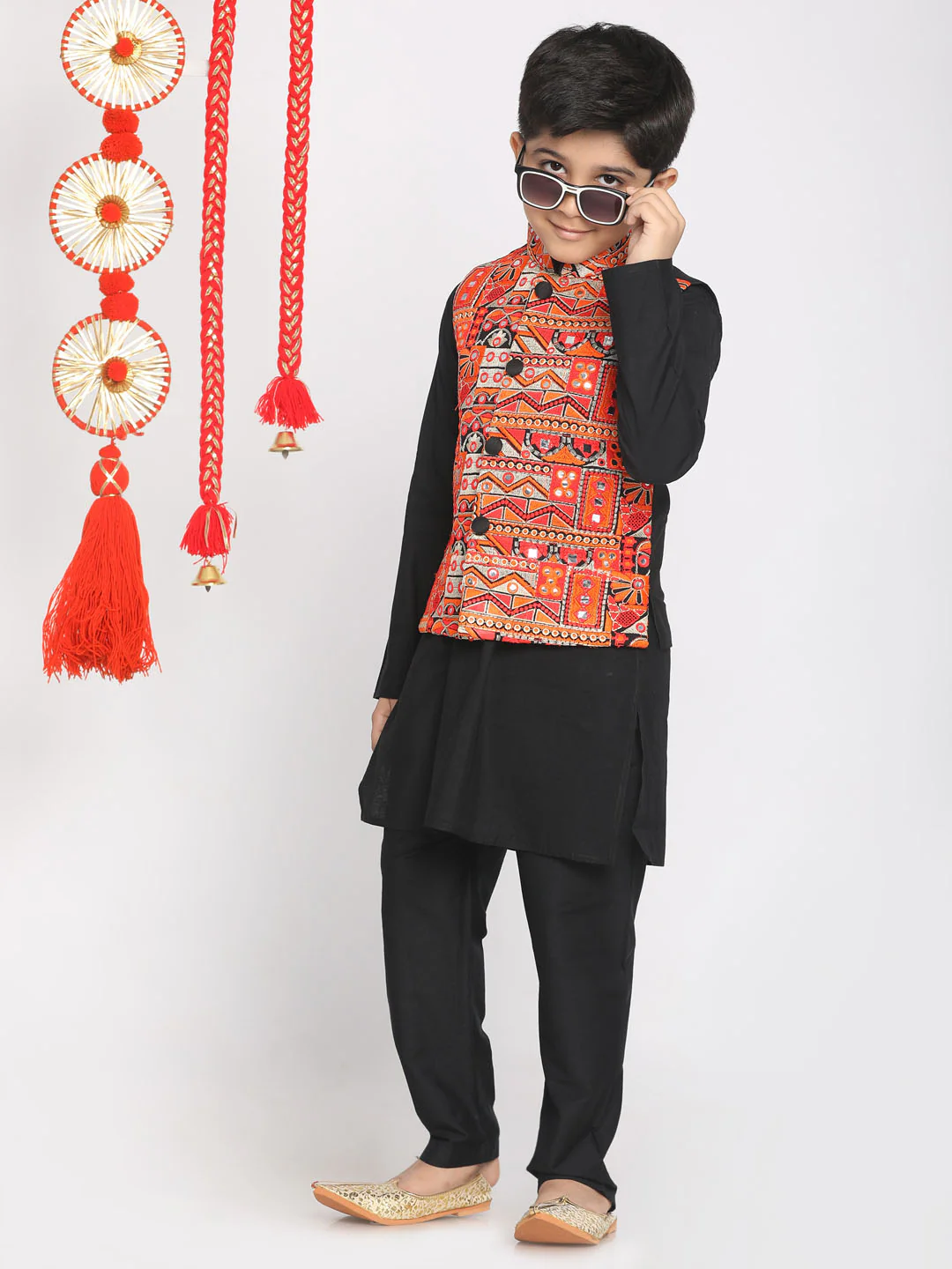 Boy's' Orange And Black Nehru Jacket - Image 4