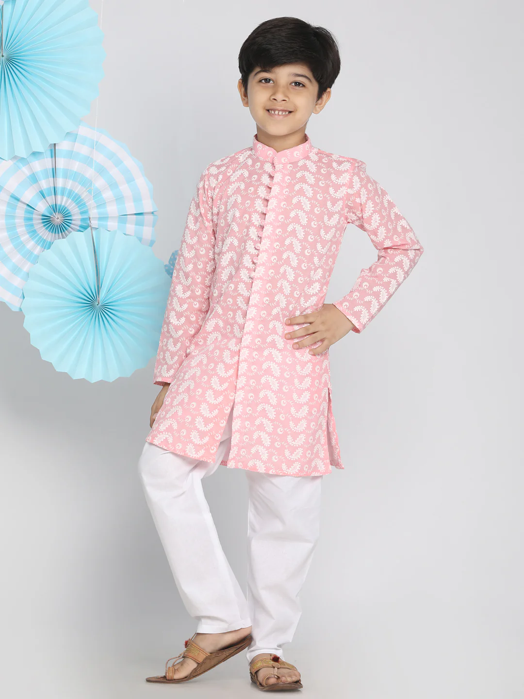 Boys Pink And White Kurta Pyjama Set - Image 6