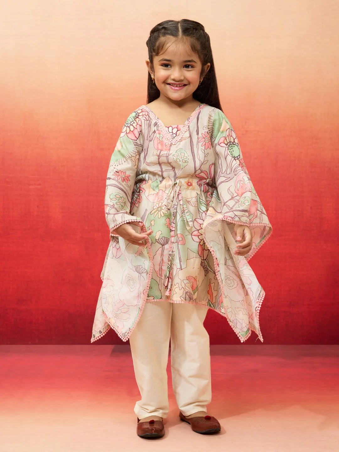 Vastramay Girls' Beige Cotton Kurta with Pyjama Set - Image 3