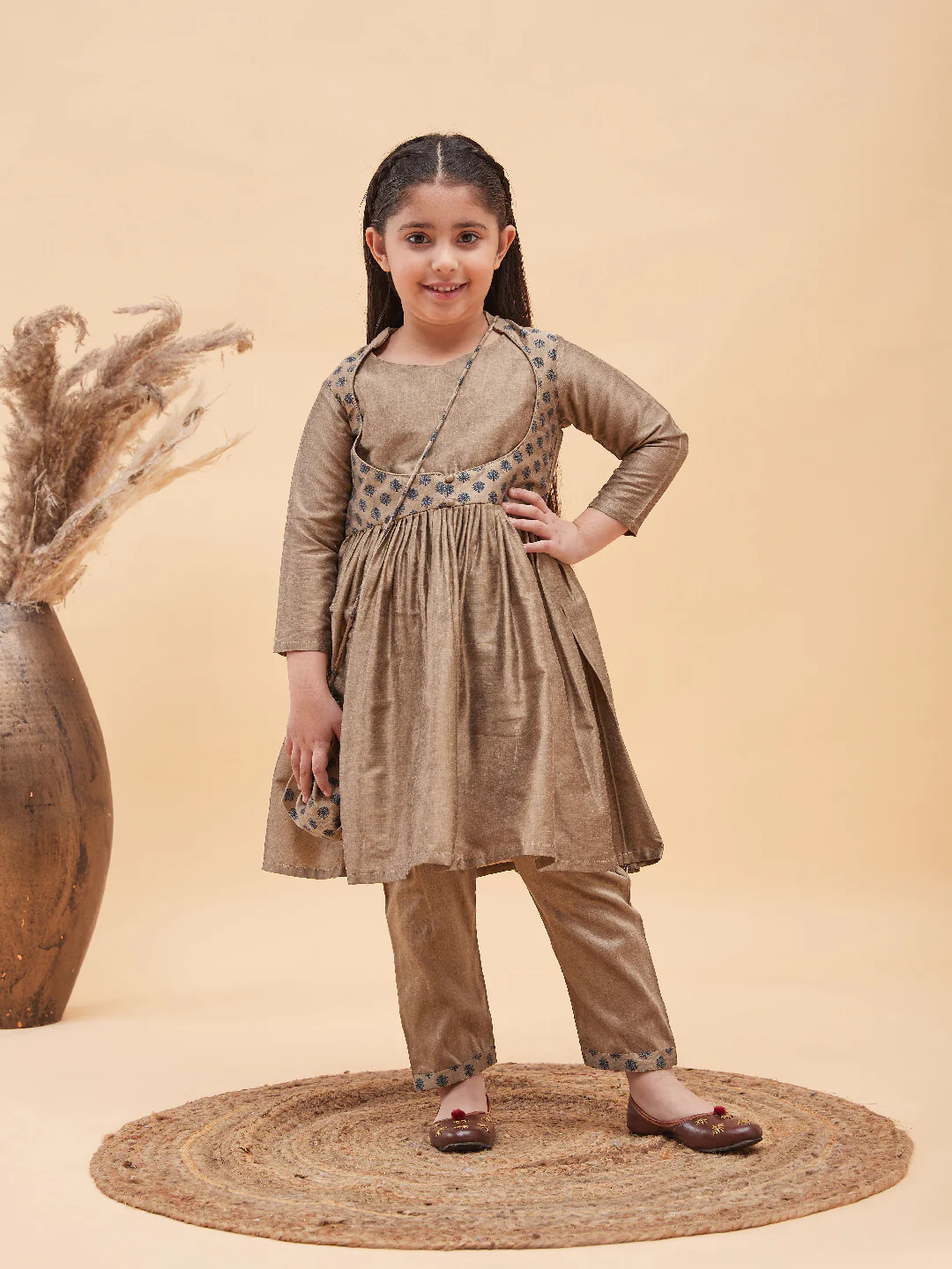 Girl's Brown Anarkali Kurta Pyjama Set With Potli Bag - Image 8