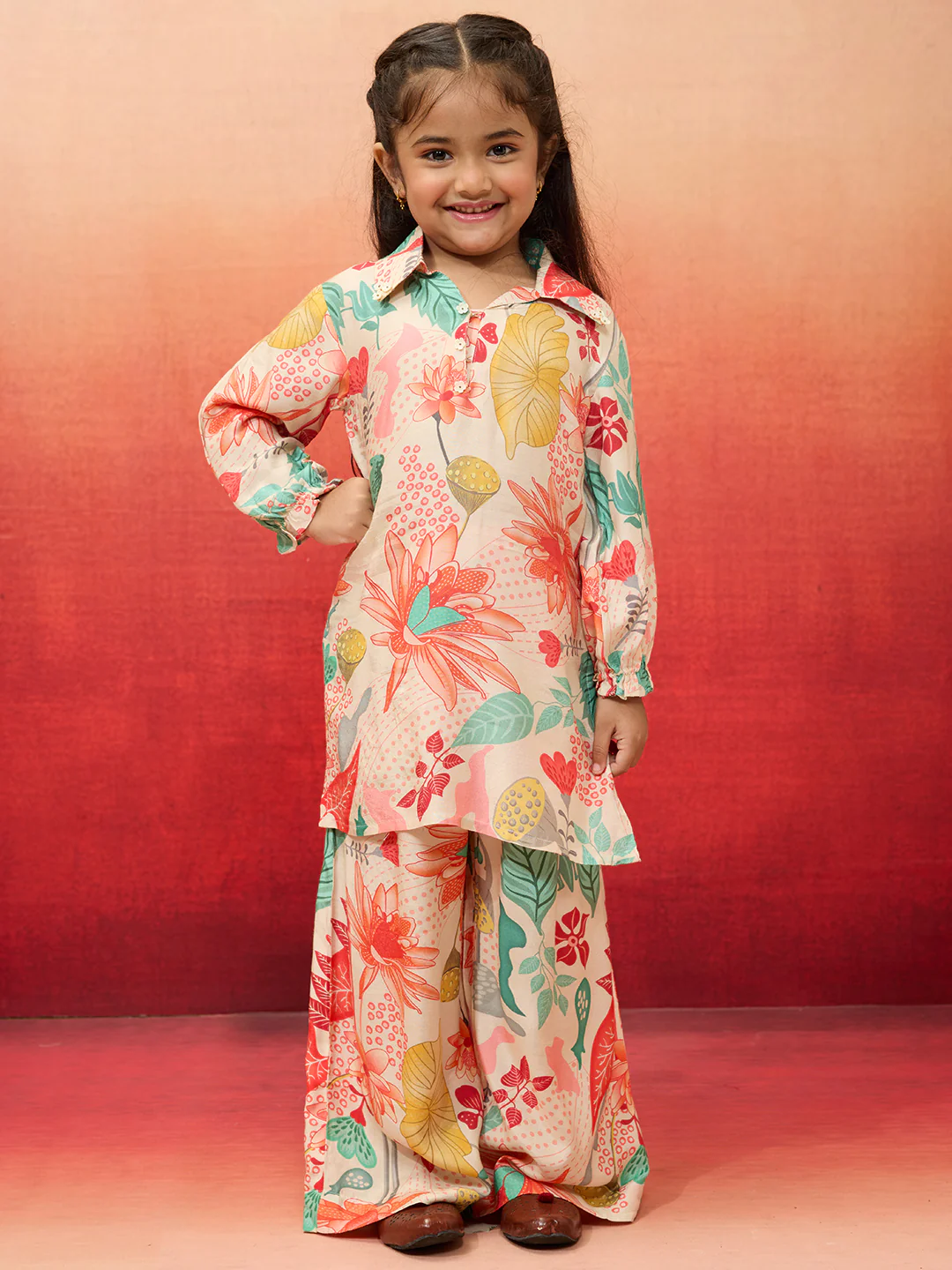 Vastramay Girls' Cream Cotton Kurta with Palazzo Set - Image 3