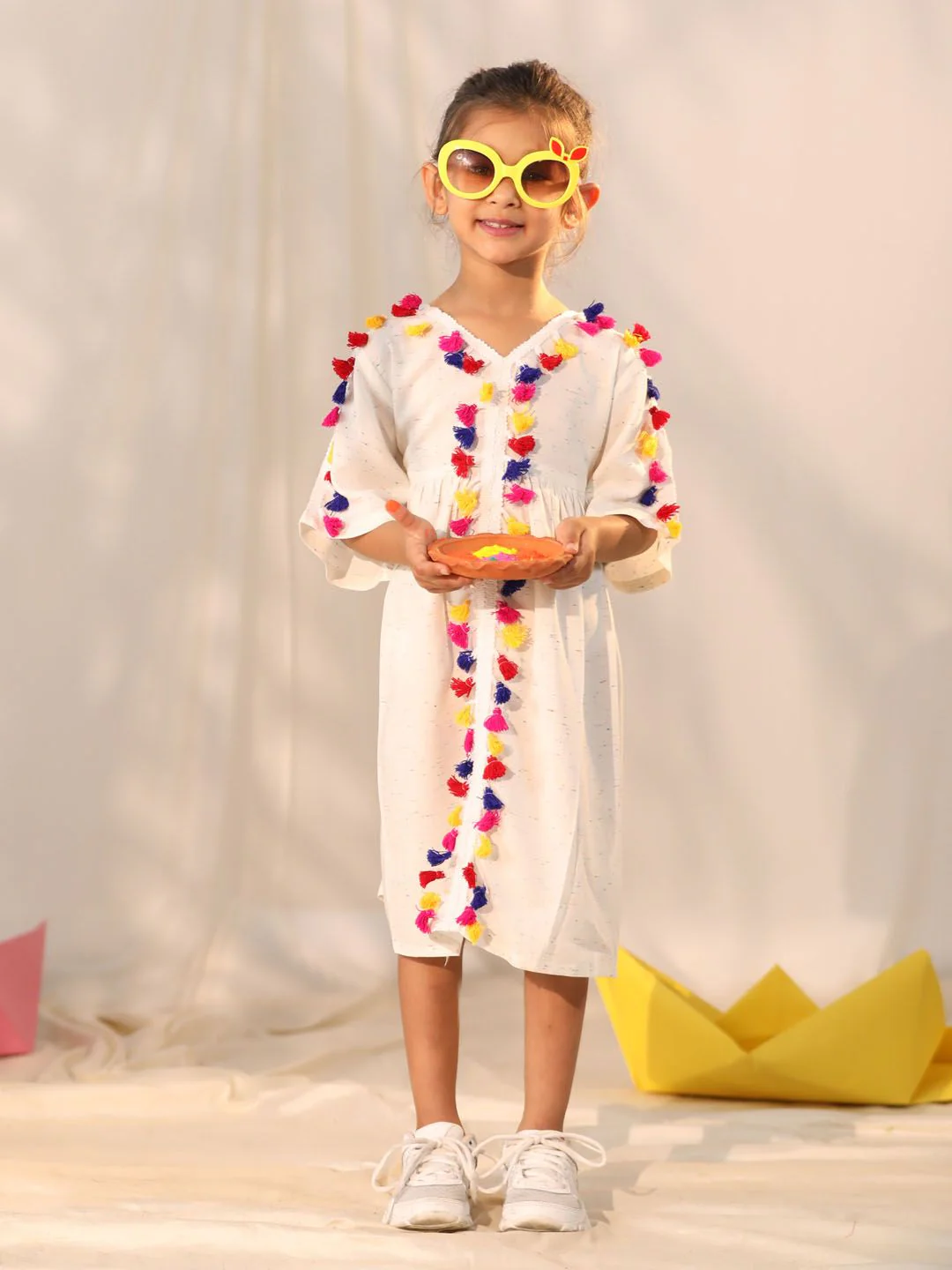 Girl's' Cream Holi Special Dress - Image 4