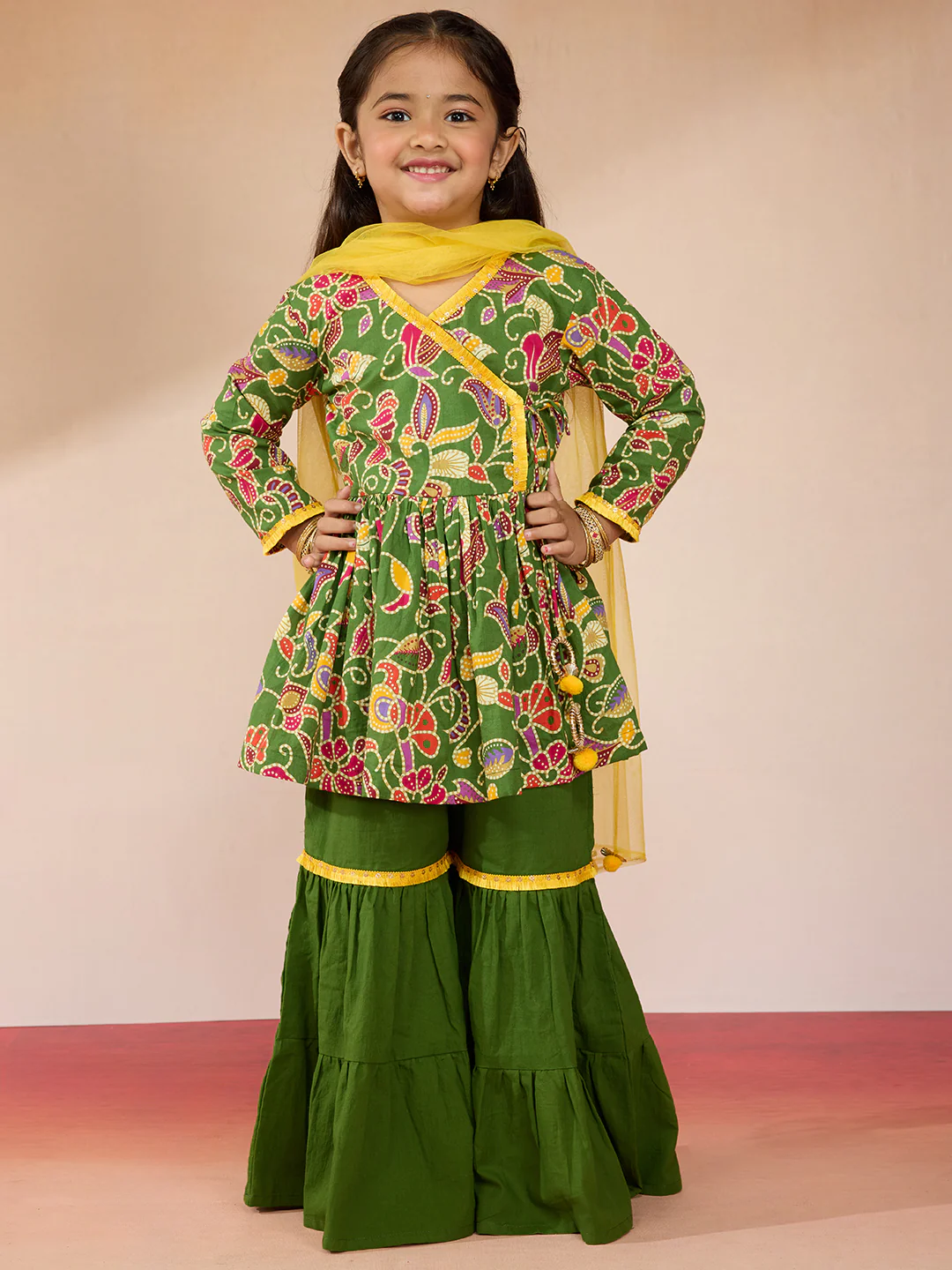 Vastramay Girls' Green Cotton Kurta with Sharara Set - Image 3