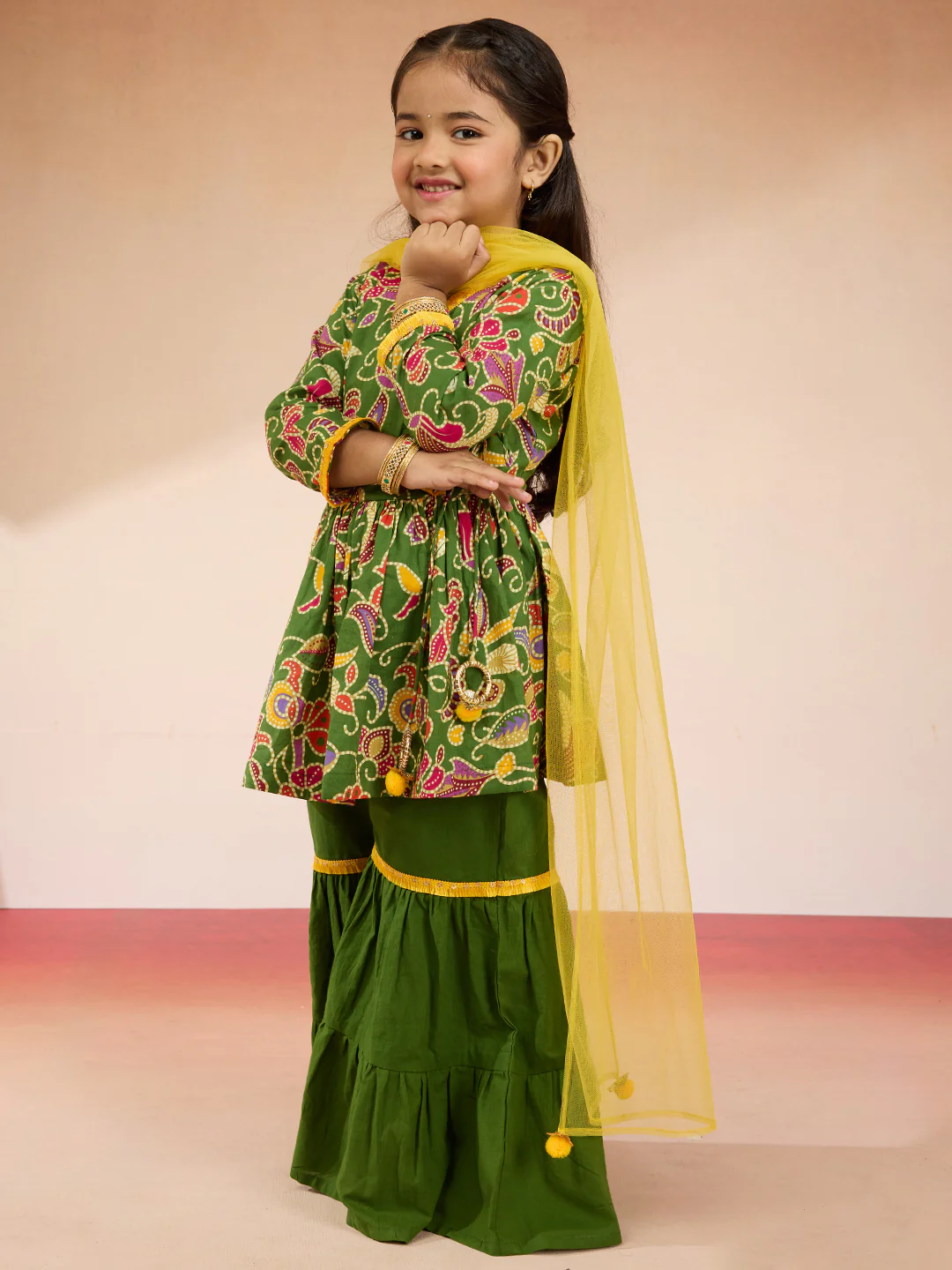 Vastramay Girls' Green Cotton Kurta with Sharara Set - Image 4