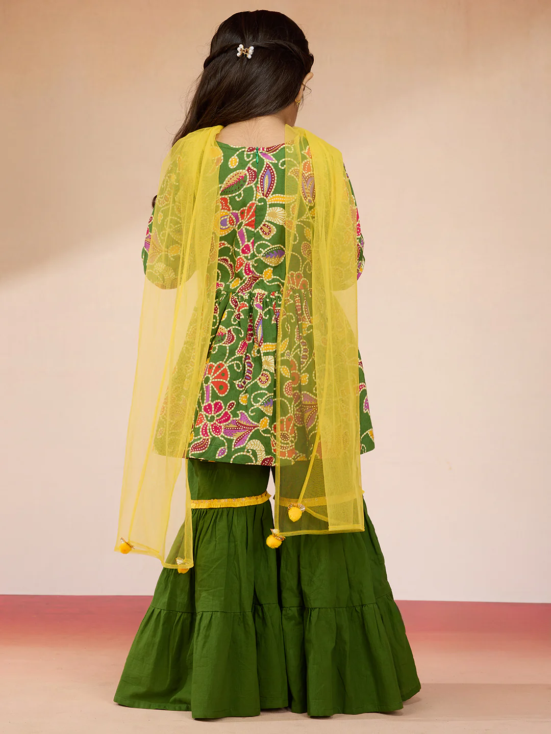 Vastramay Girls' Green Cotton Kurta with Sharara Set - Image 5