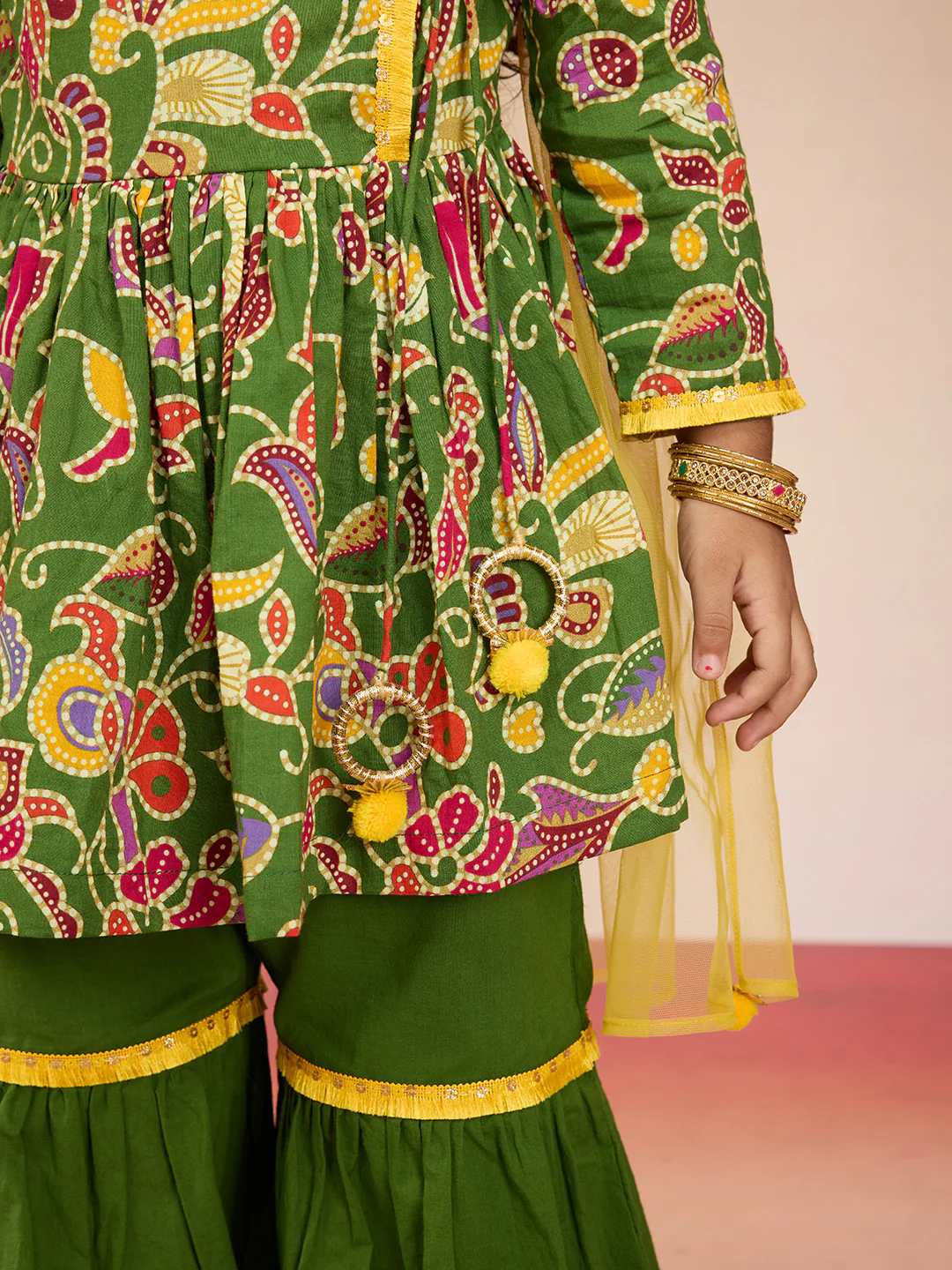 Vastramay Girls' Green Cotton Kurta with Sharara Set - Image 6