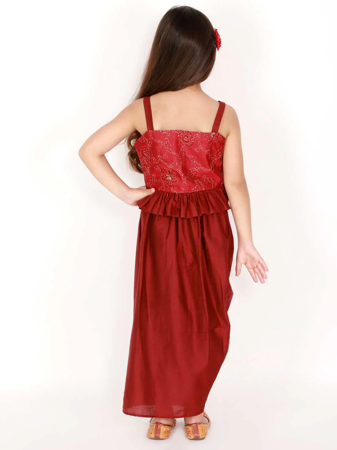 Girl's Maroon Draped Skirt With Crop Top - Image 3